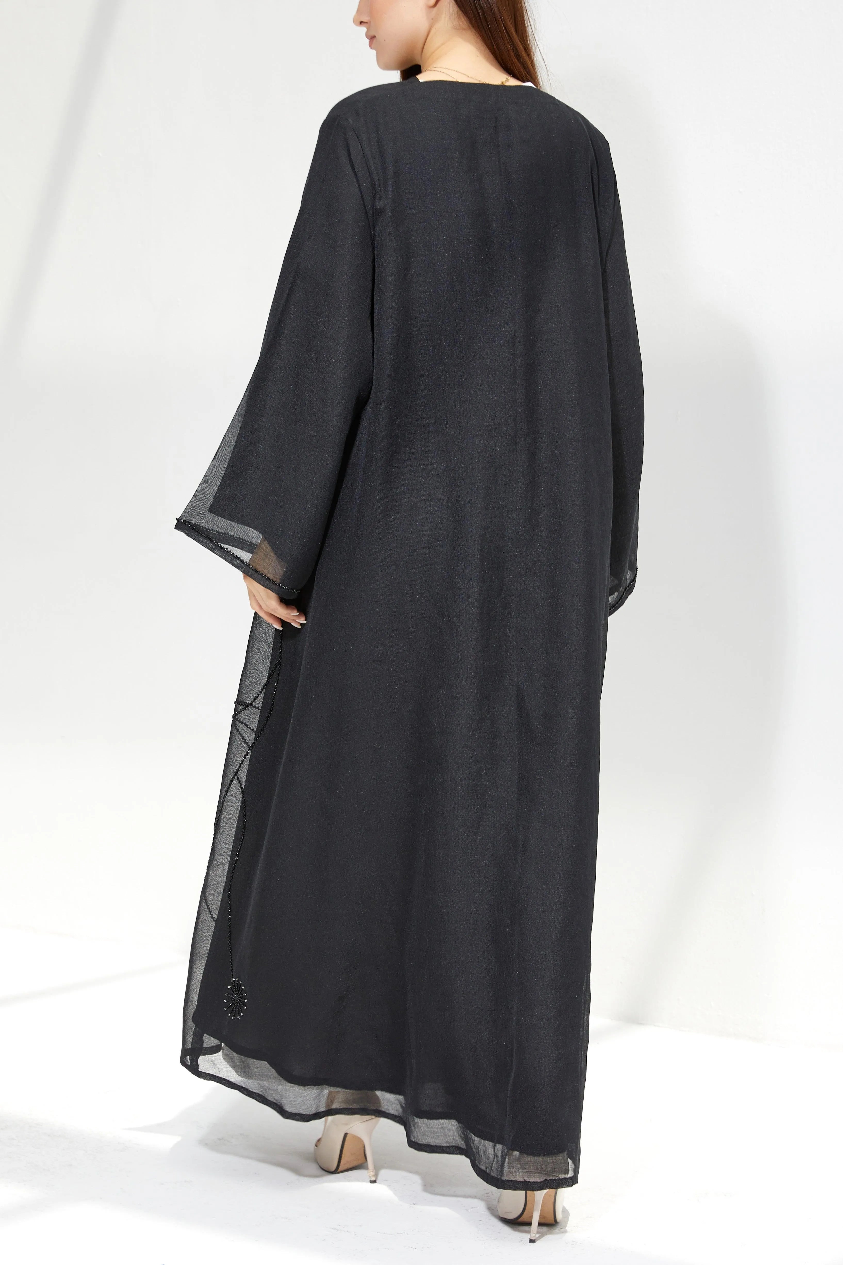 Black Organza Custom Abaya with Floral Beadwork - Posh Abaya
