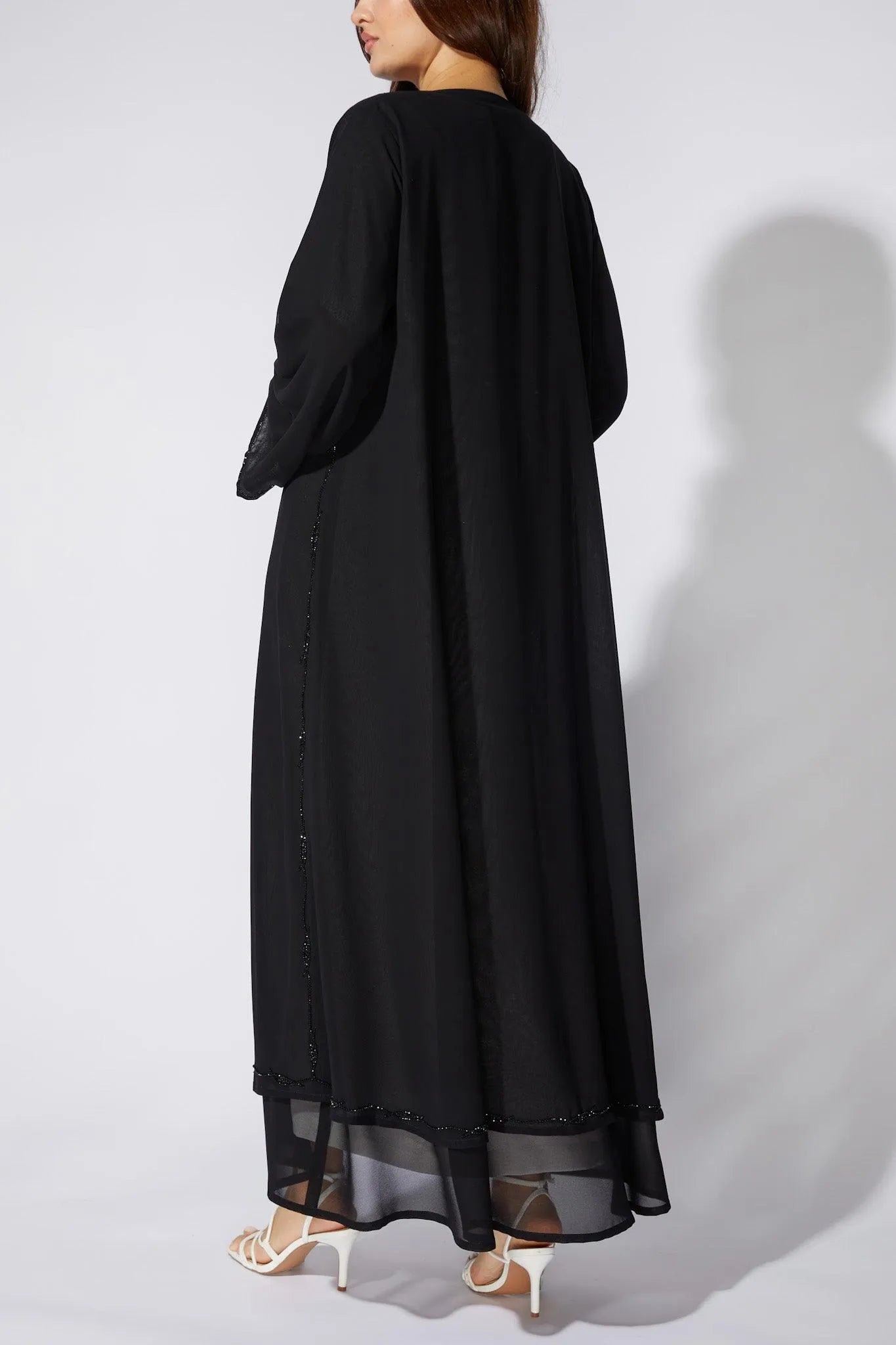 Black Chiffon Custom Abaya with Front Lines Beadwork - Posh Abaya