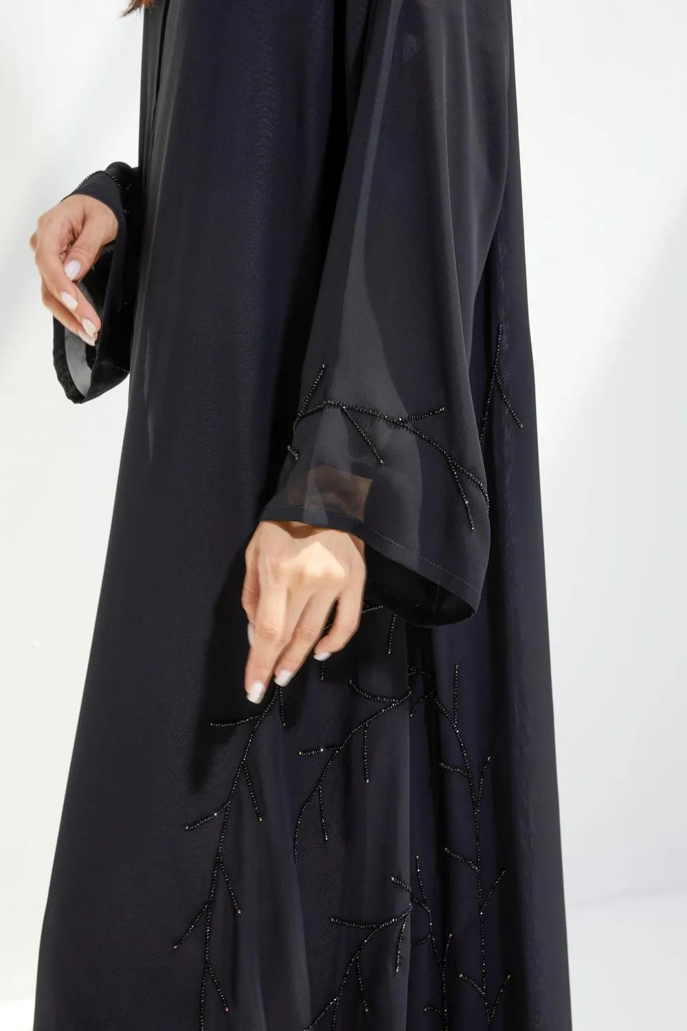 Black Chiffon Flared Custom Abaya with Semi-floral Beadwork - Posh Abaya