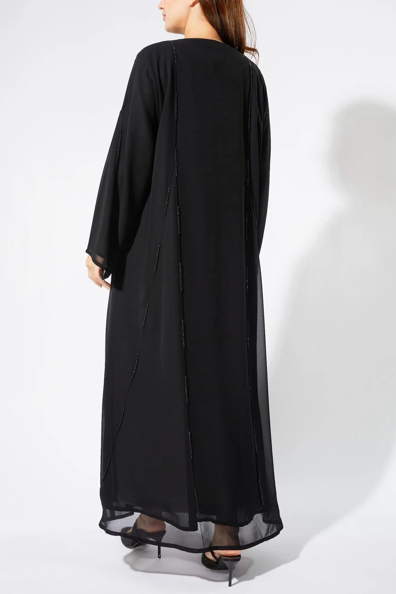 Black Chiffon Flared Custom Abaya with Beaded Pintux - Posh Abaya