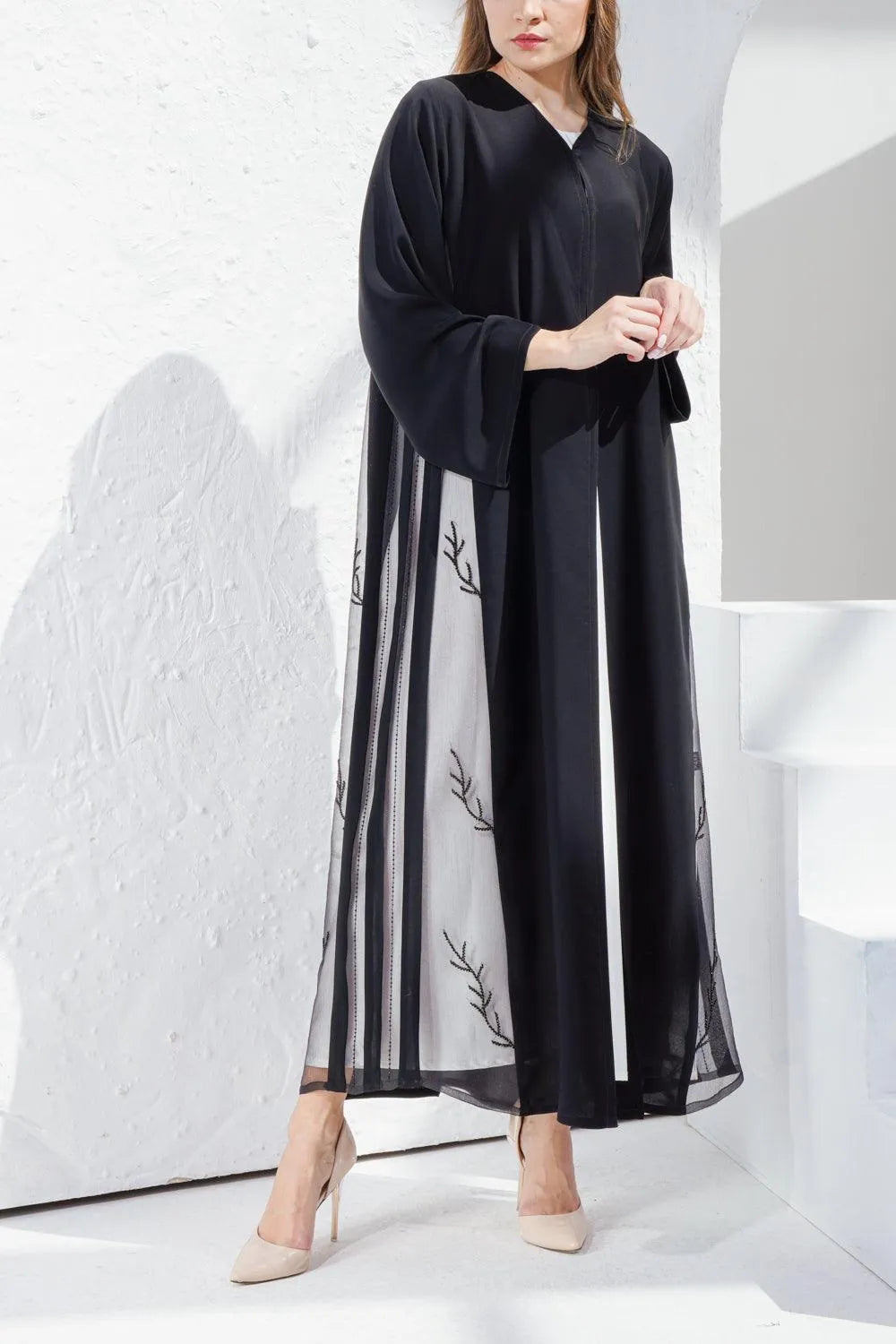 Black Nada Custom Abaya with Front Lacework - Posh Abaya