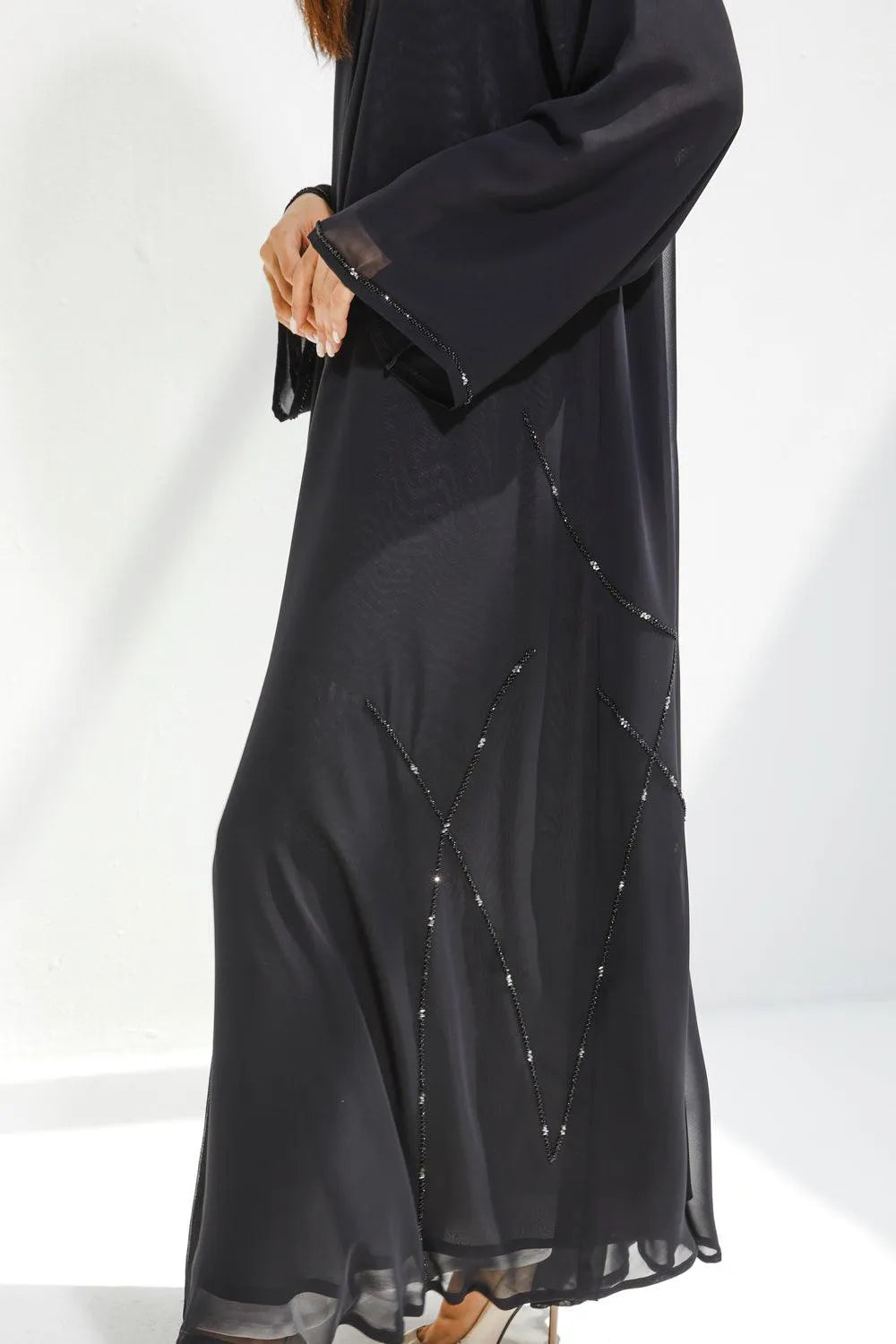 Black Chiffon Flared Custom Abaya with Side Black & Silver Beadwork - Posh Abaya