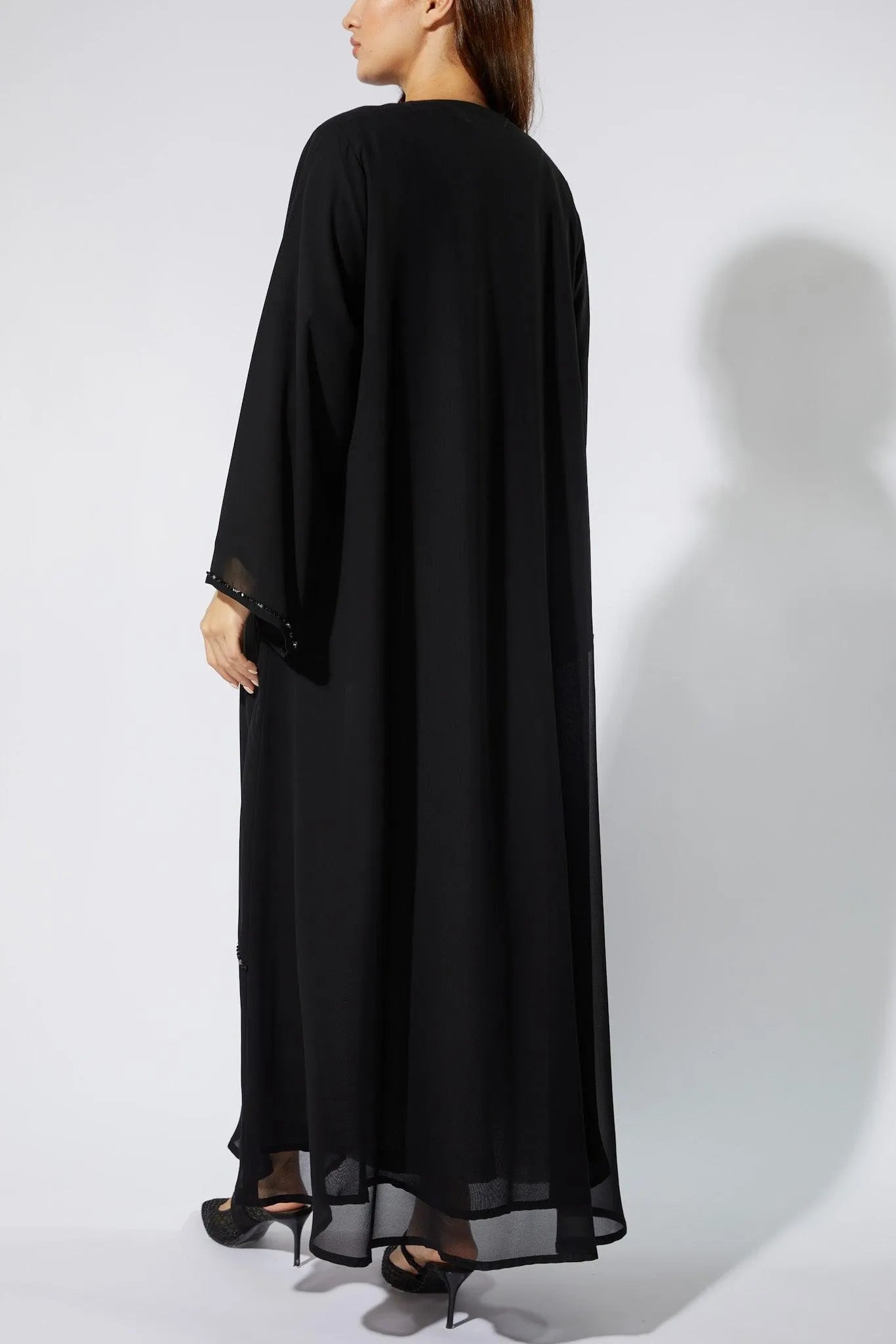 Black Chiffon Custom Abaya with Front Black Beadwork - Posh Abaya