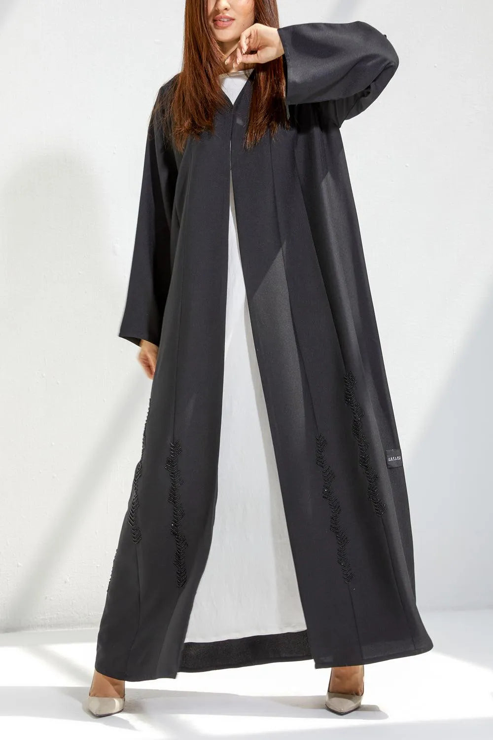 Black Nada Custom Abaya with Front Black Beadwork - Posh Abaya