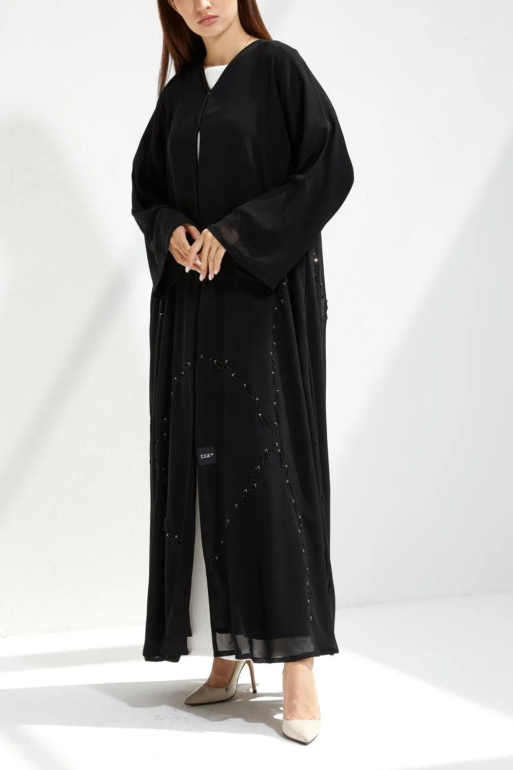 Black Chiffon Custom Abaya with Front Abstract Petals Beadwork - Posh Abaya