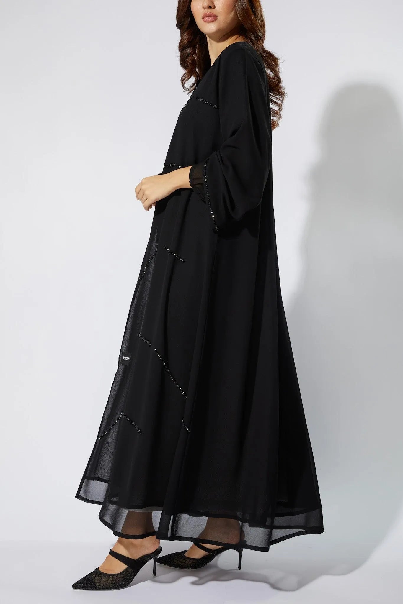 Black Chiffon Custom Abaya with Front Black Beadwork - Posh Abaya