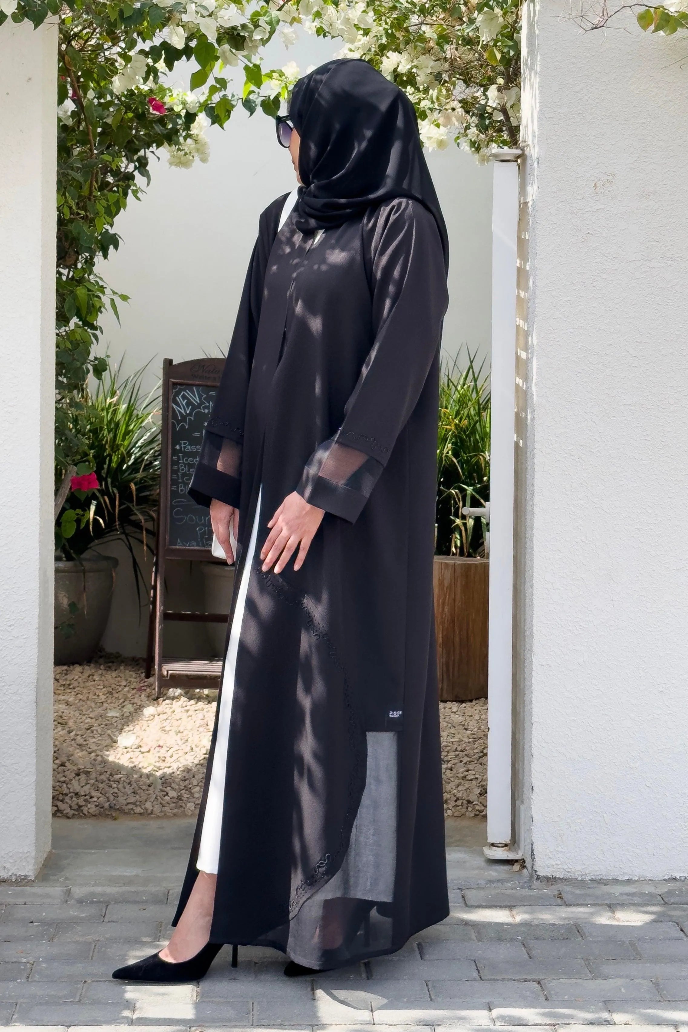 Black Crepe Custom Abaya with Front Light Beadwork - Posh Abaya