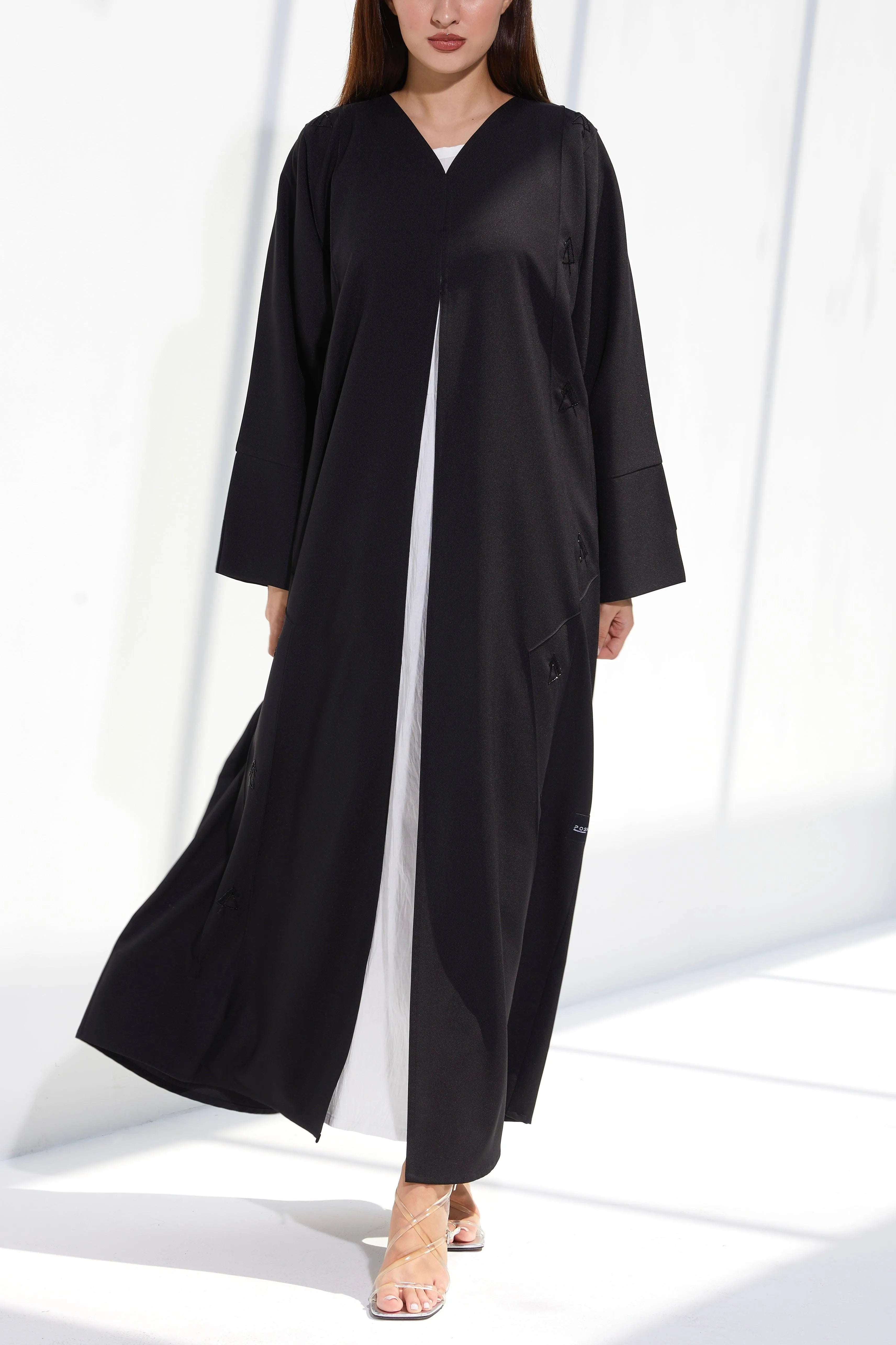 Black Crepe Custom Abaya with Front Pintux Beadwork - Posh Abaya