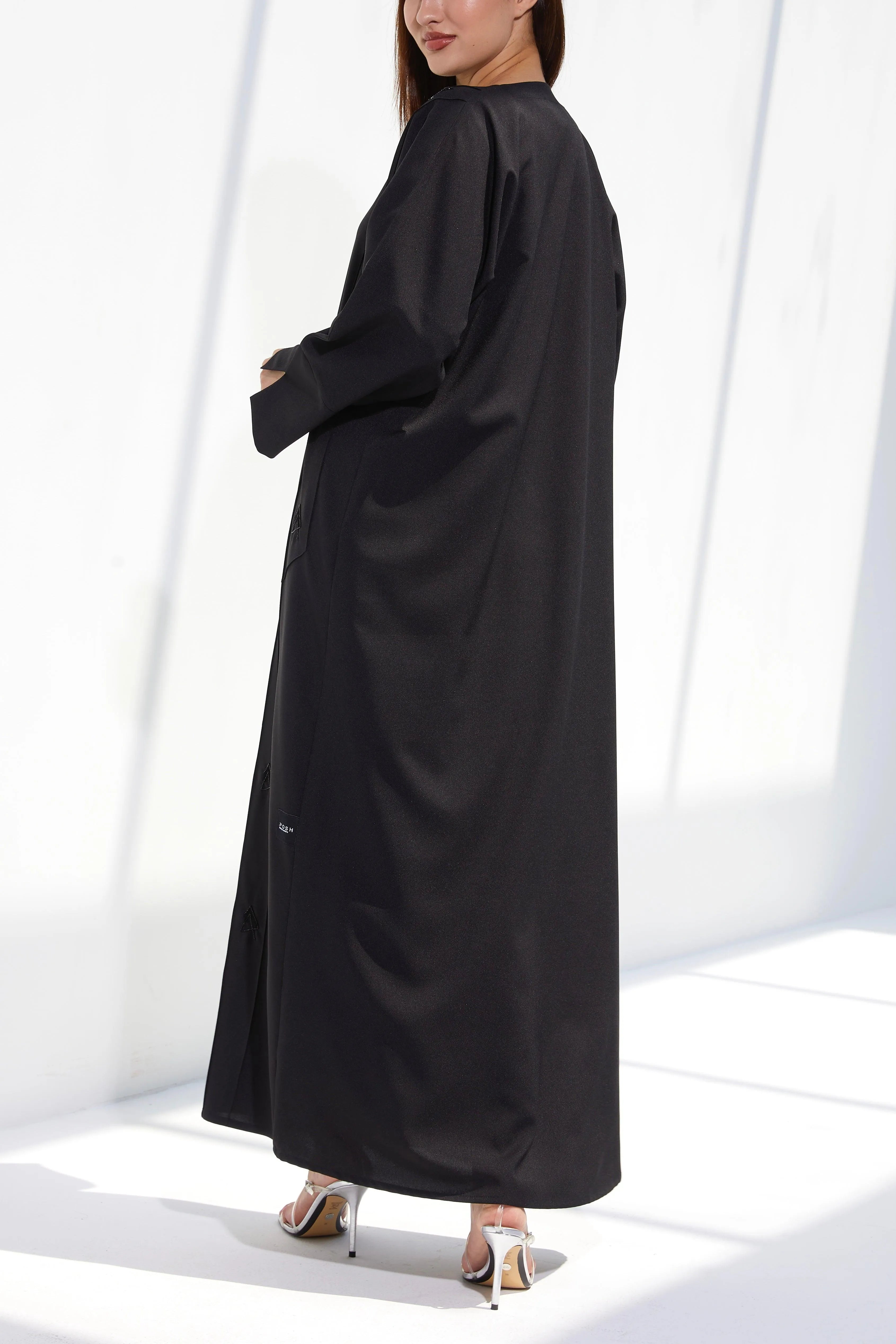 Black Crepe Custom Abaya with Front Pintux Beadwork - Posh Abaya
