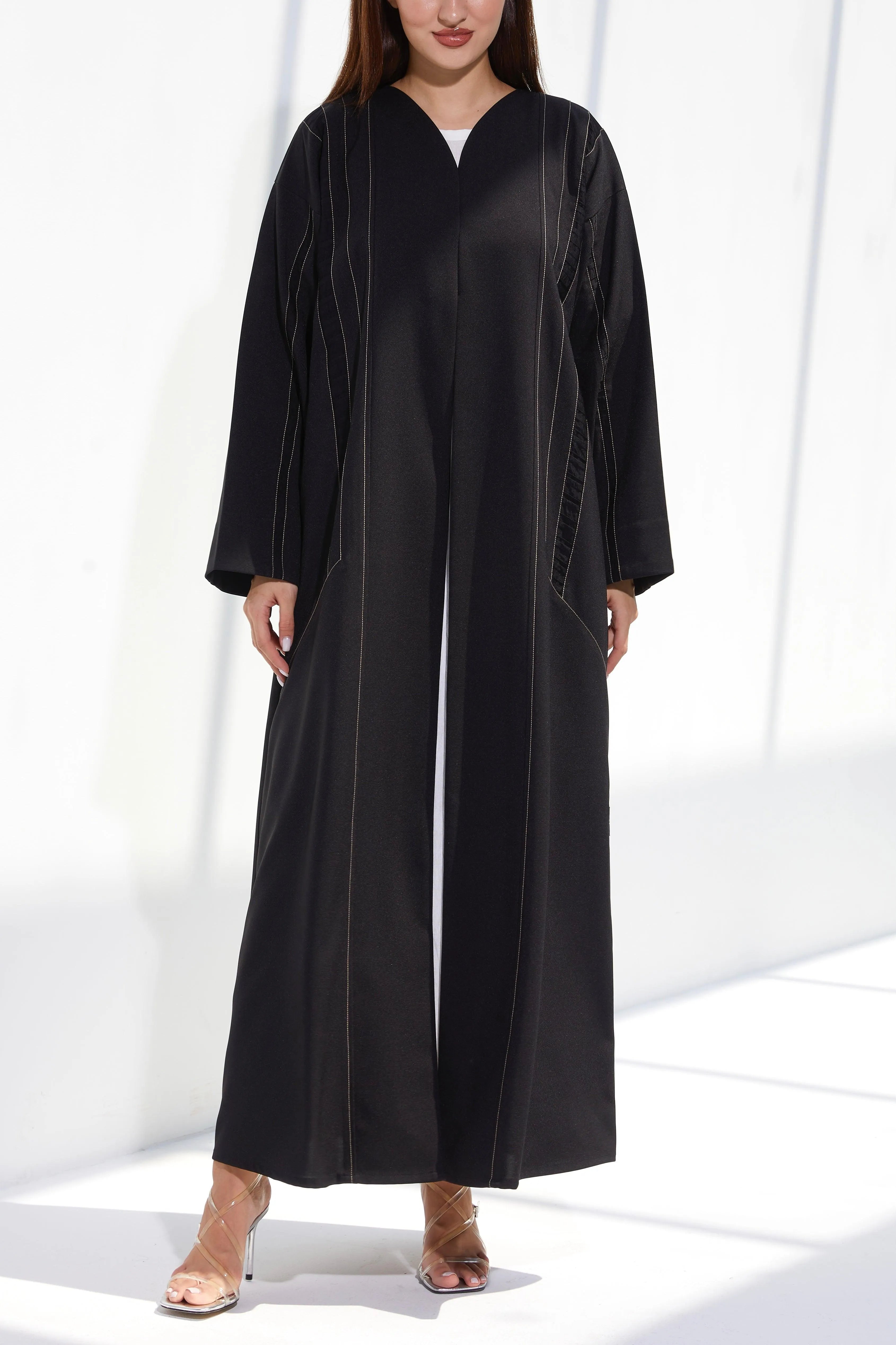 Black Classic Crepe Custom Abaya with Front Contrast Piping - Posh Abaya
