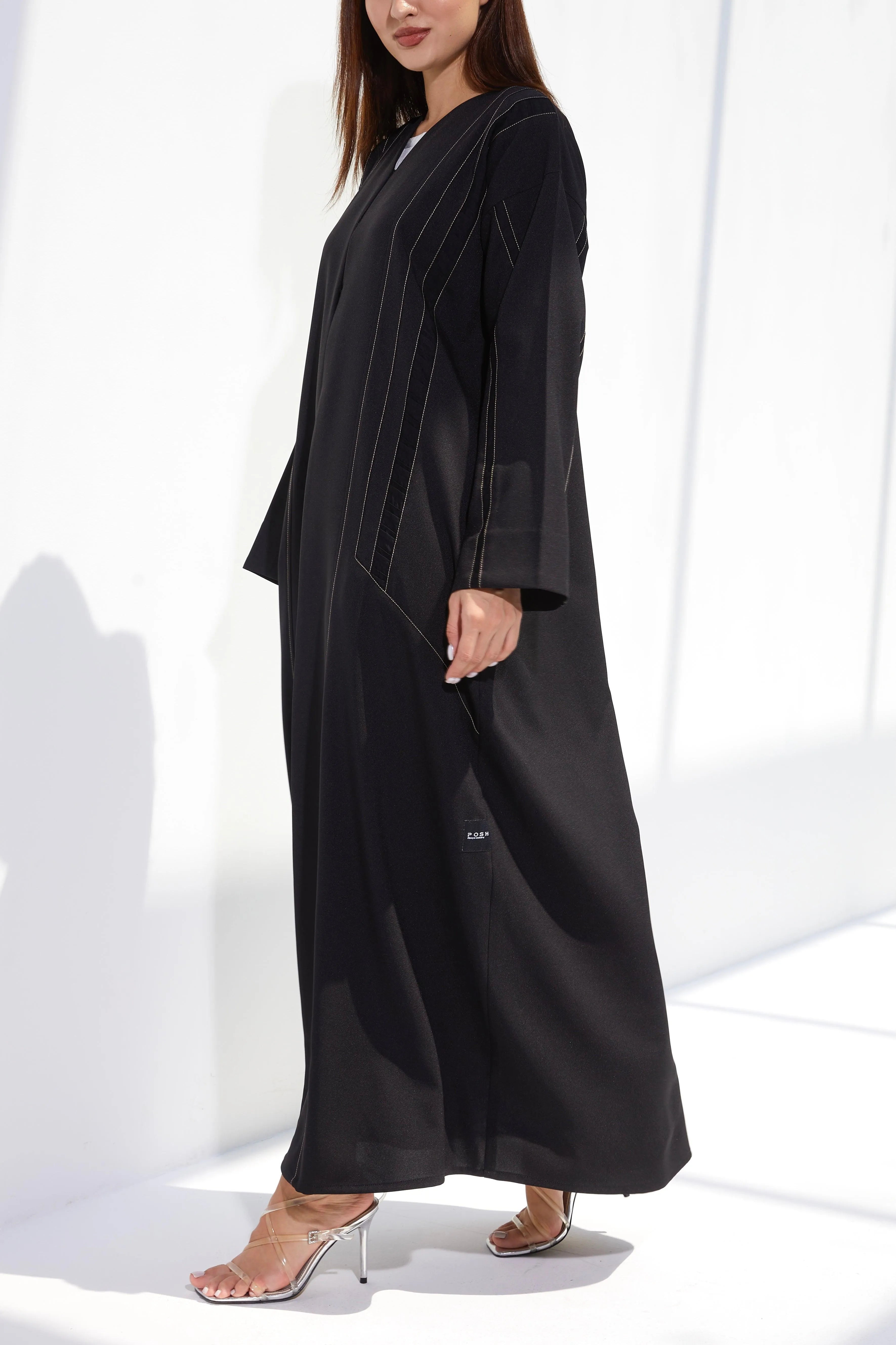 Black Classic Crepe Custom Abaya with Front Contrast Piping - Posh Abaya