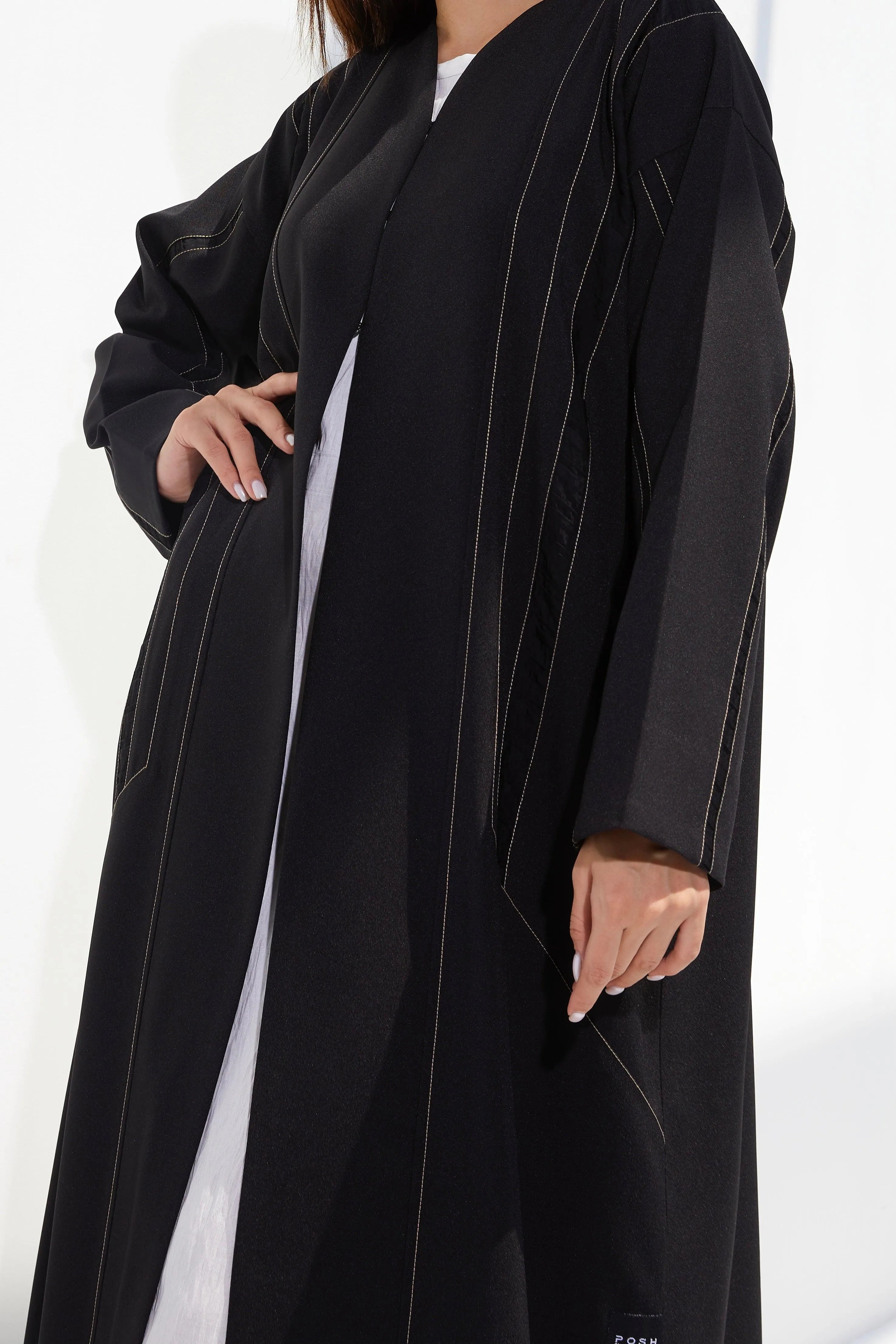 Black Classic Crepe Custom Abaya with Front Contrast Piping - Posh Abaya