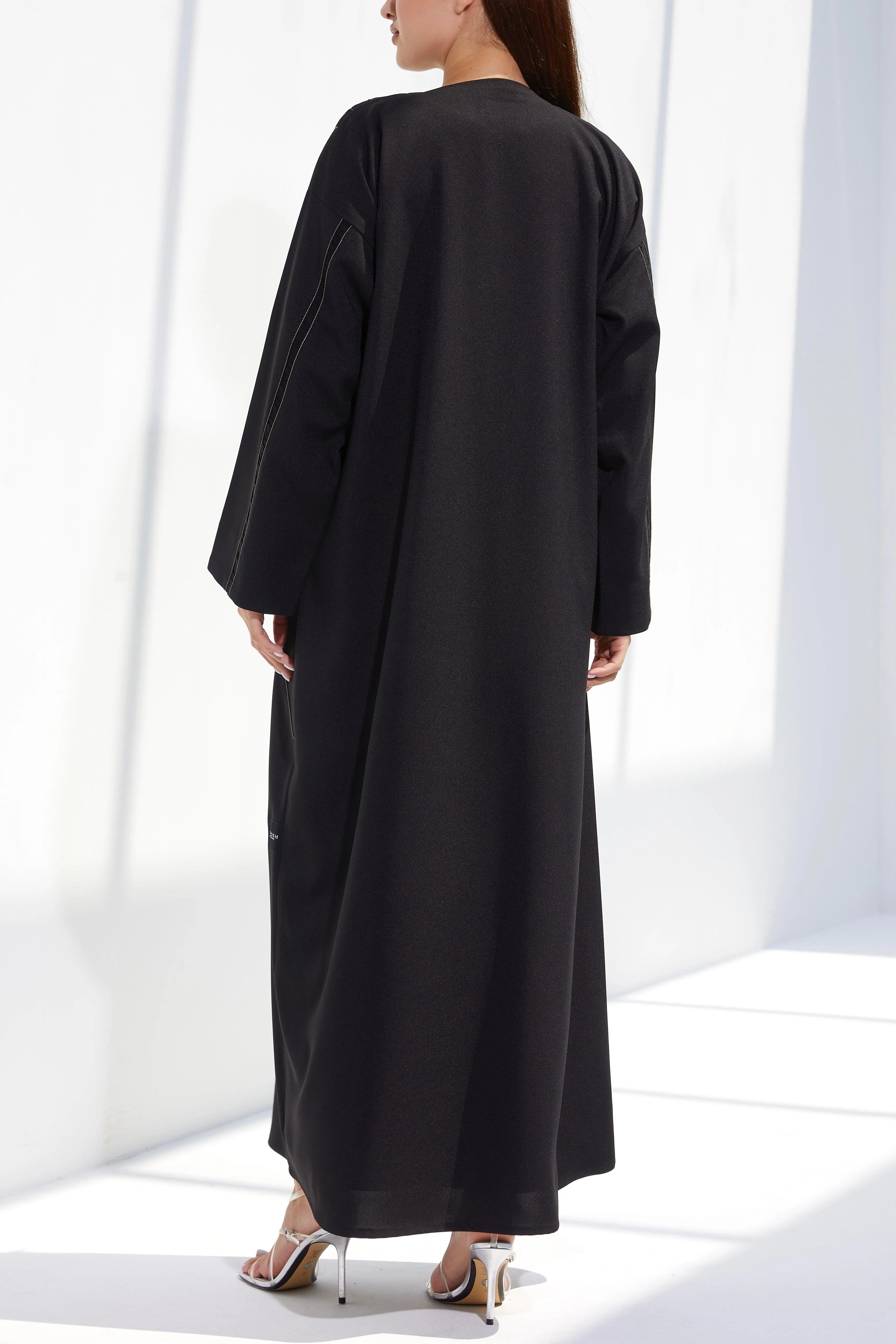 Black Classic Crepe Custom Abaya with Front Contrast Piping - Posh Abaya