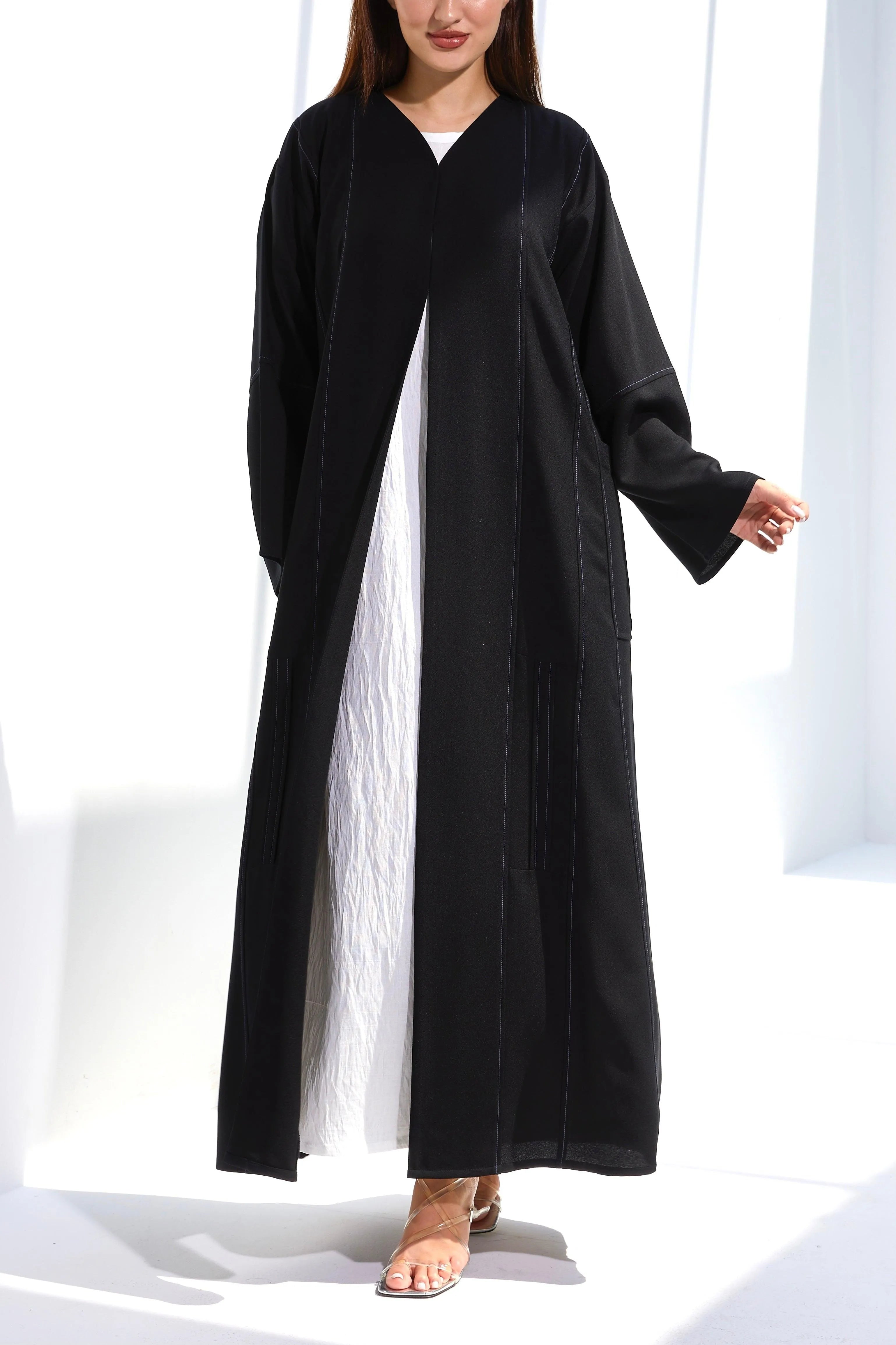 Black Classic Crepe Custom Abaya with Contrast Pintux - Posh Abaya