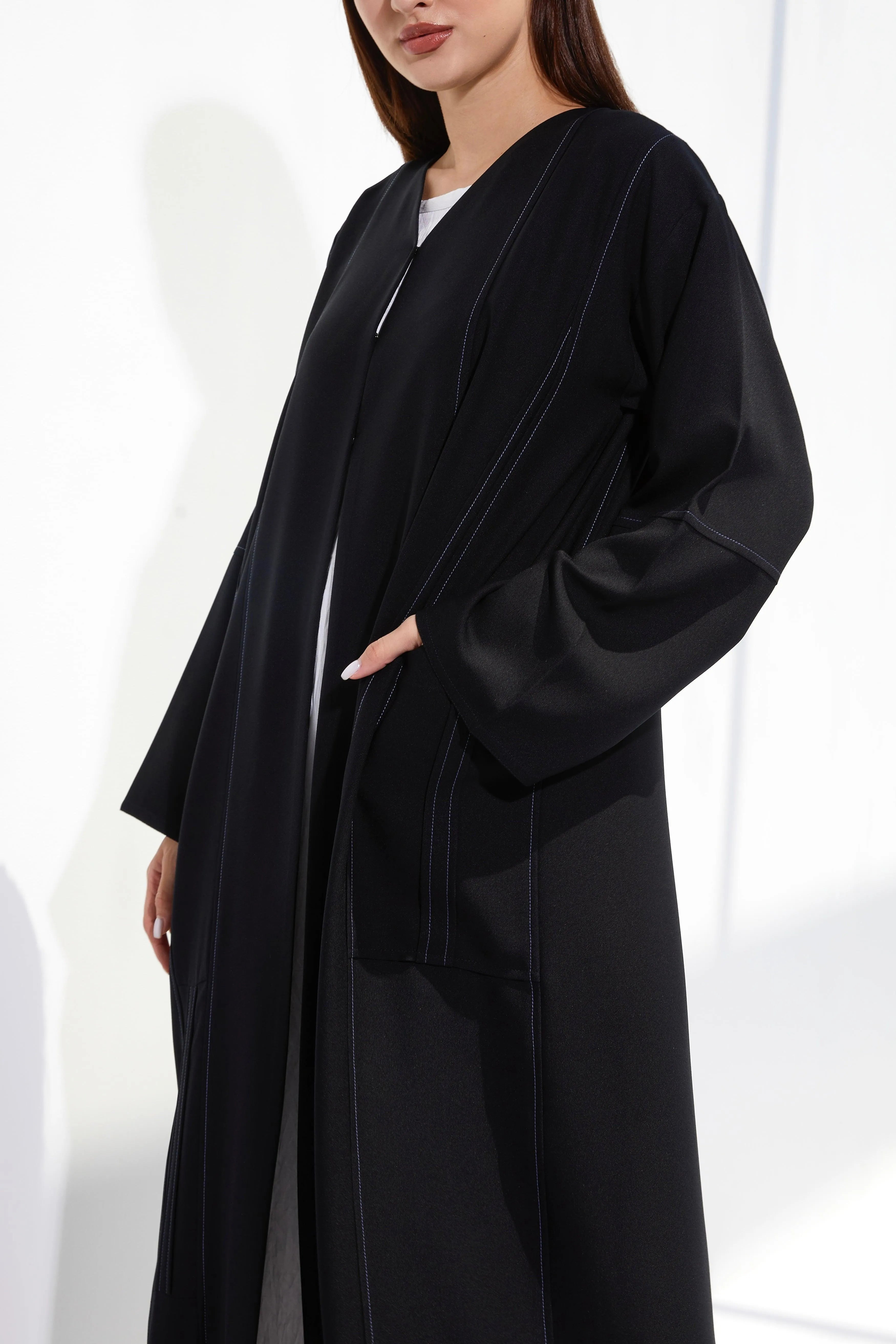 Black Classic Crepe Custom Abaya with Contrast Pintux - Posh Abaya
