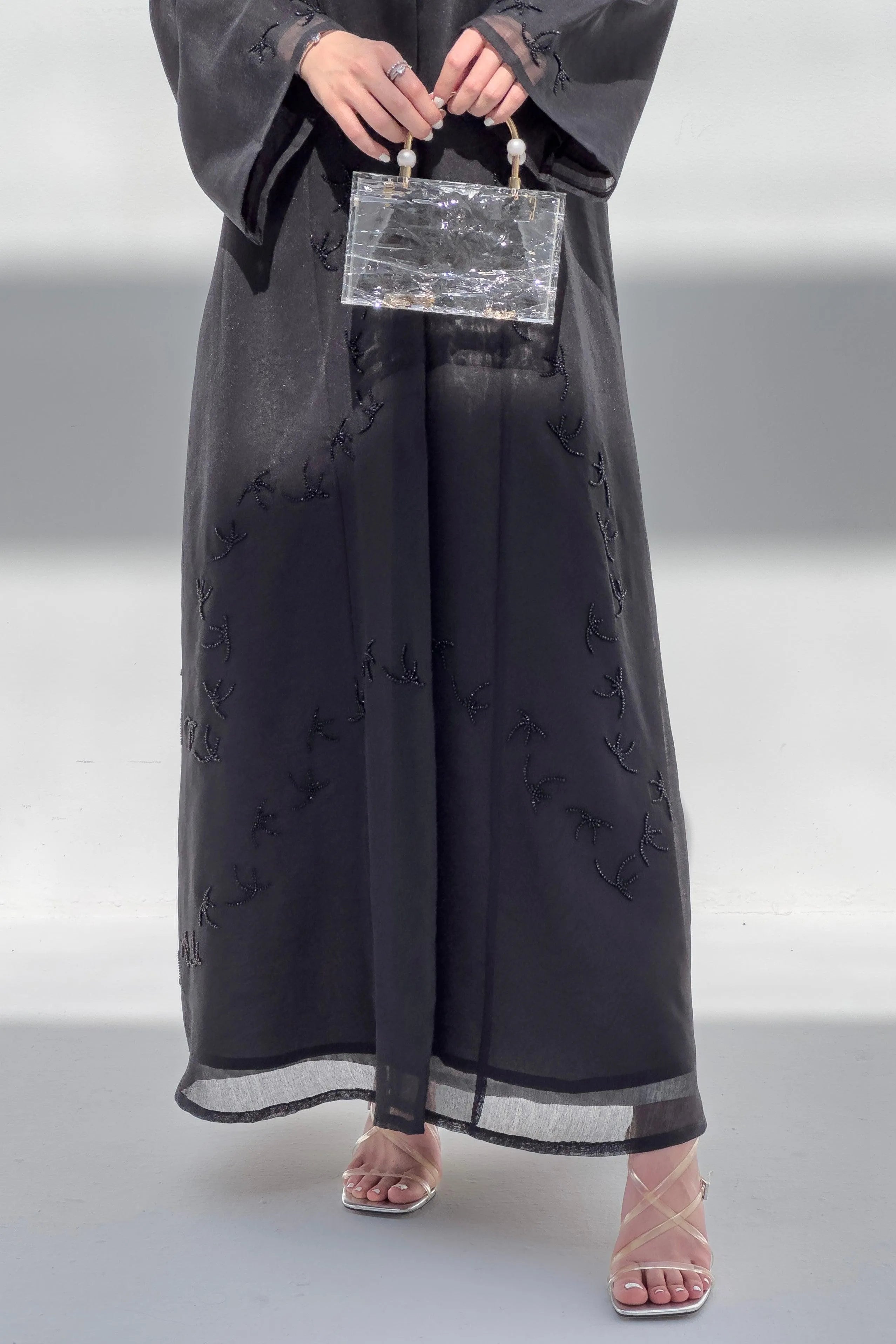 Black Organza Custom Abaya with Scatter Palm tree Beadwork - Posh Abaya