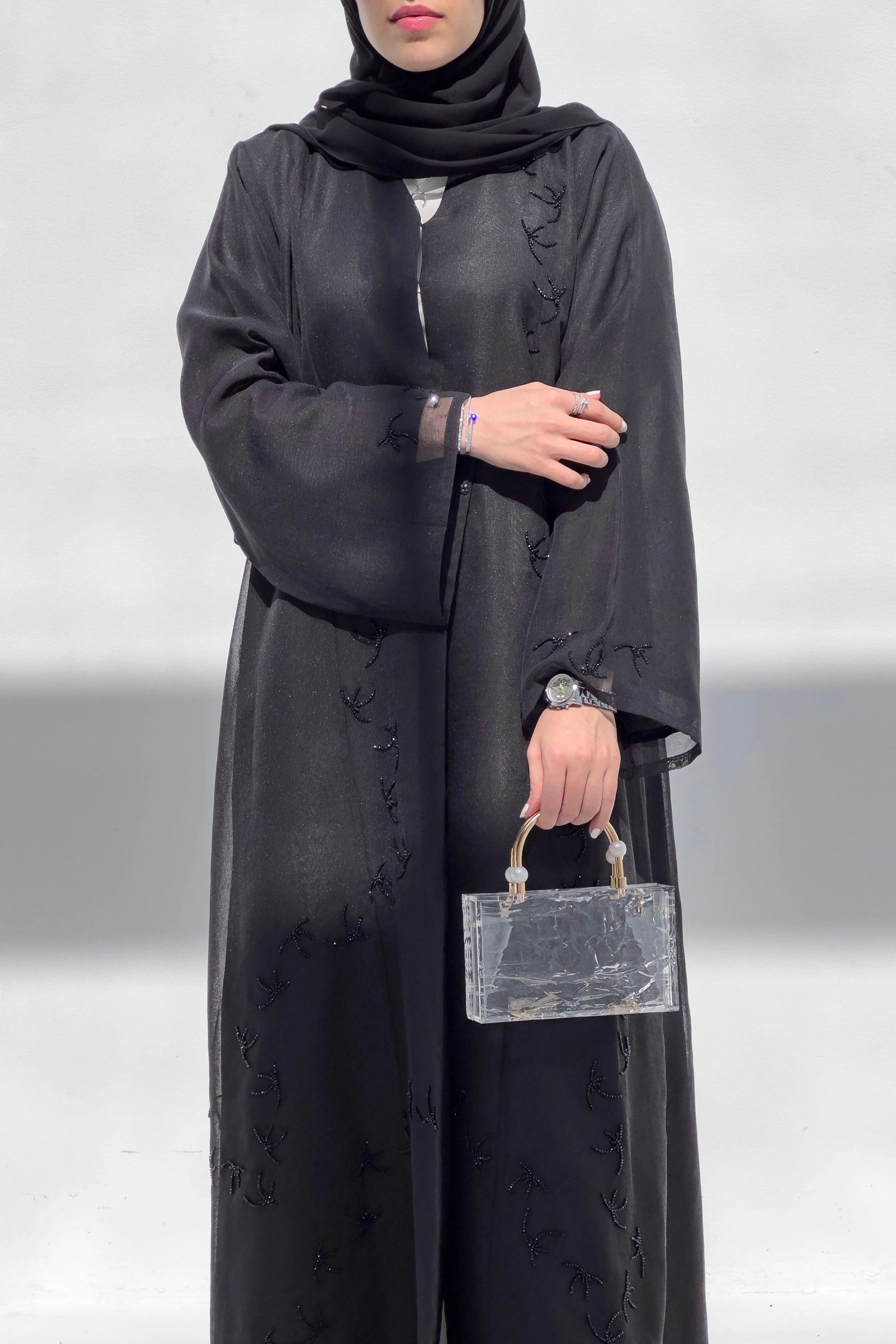 Black Organza Custom Abaya with Scatter Palm tree Beadwork - Posh Abaya