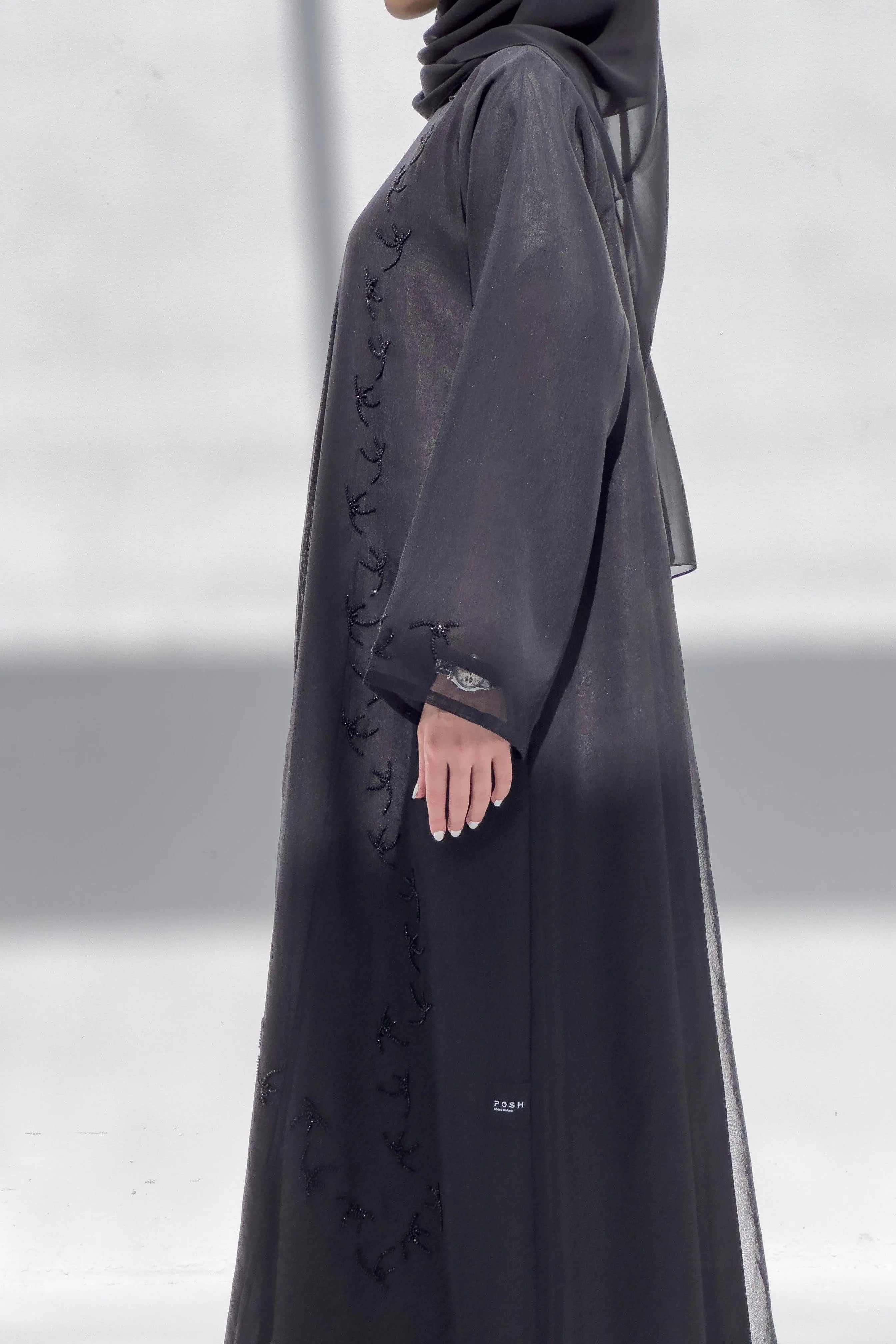 Black Organza Custom Abaya with Scatter Palm tree Beadwork - Posh Abaya