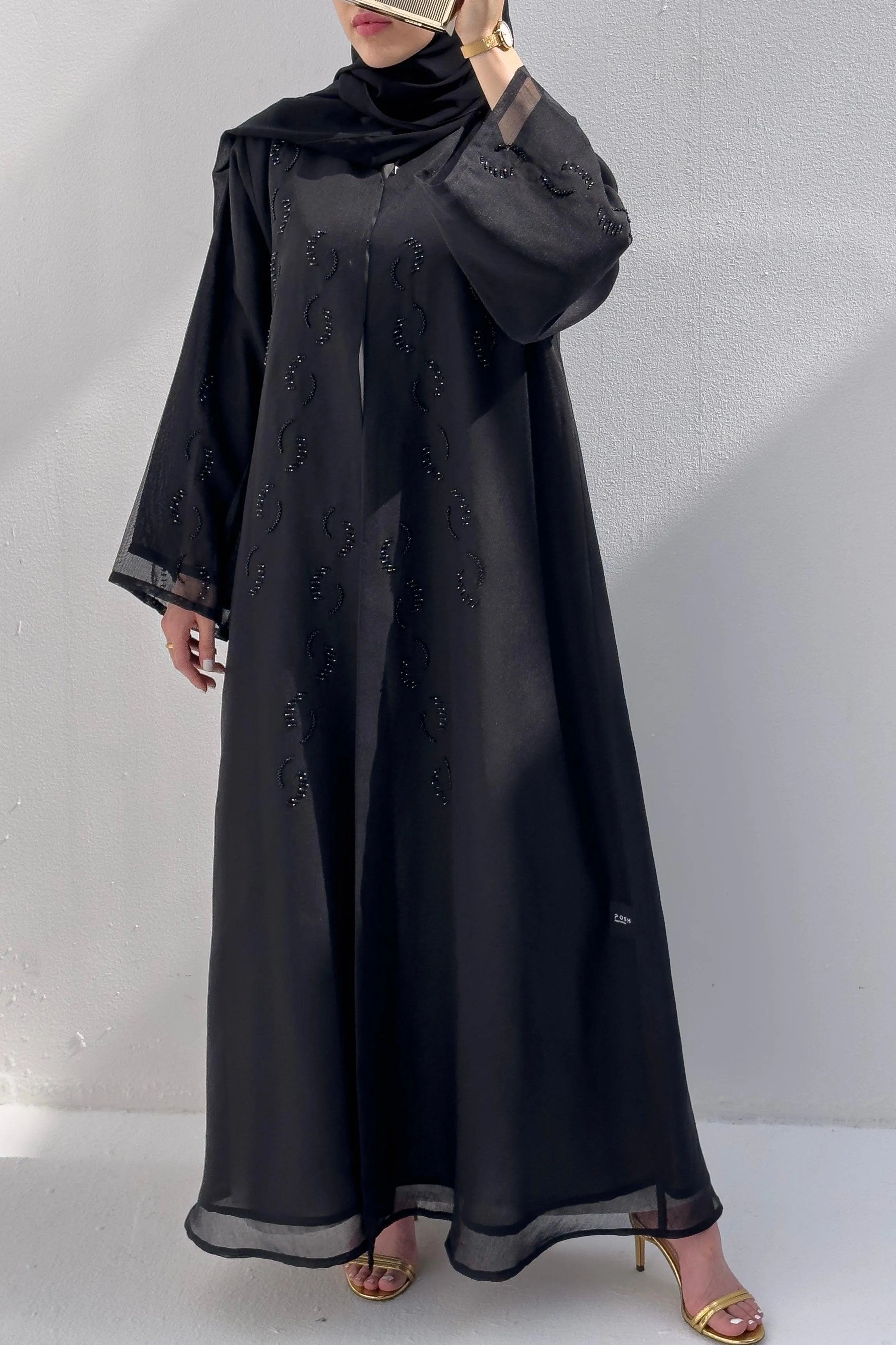 Black Organza Custom Abaya with Front Black & Silver Beadwork - Posh Abaya