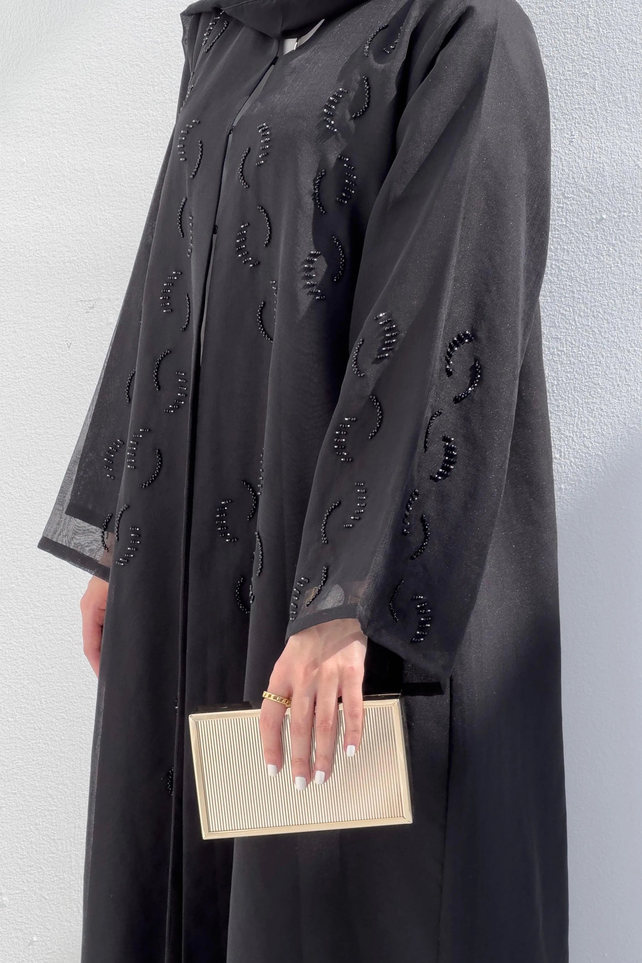 Black Organza Custom Abaya with Front Black & Silver Beadwork - Posh Abaya