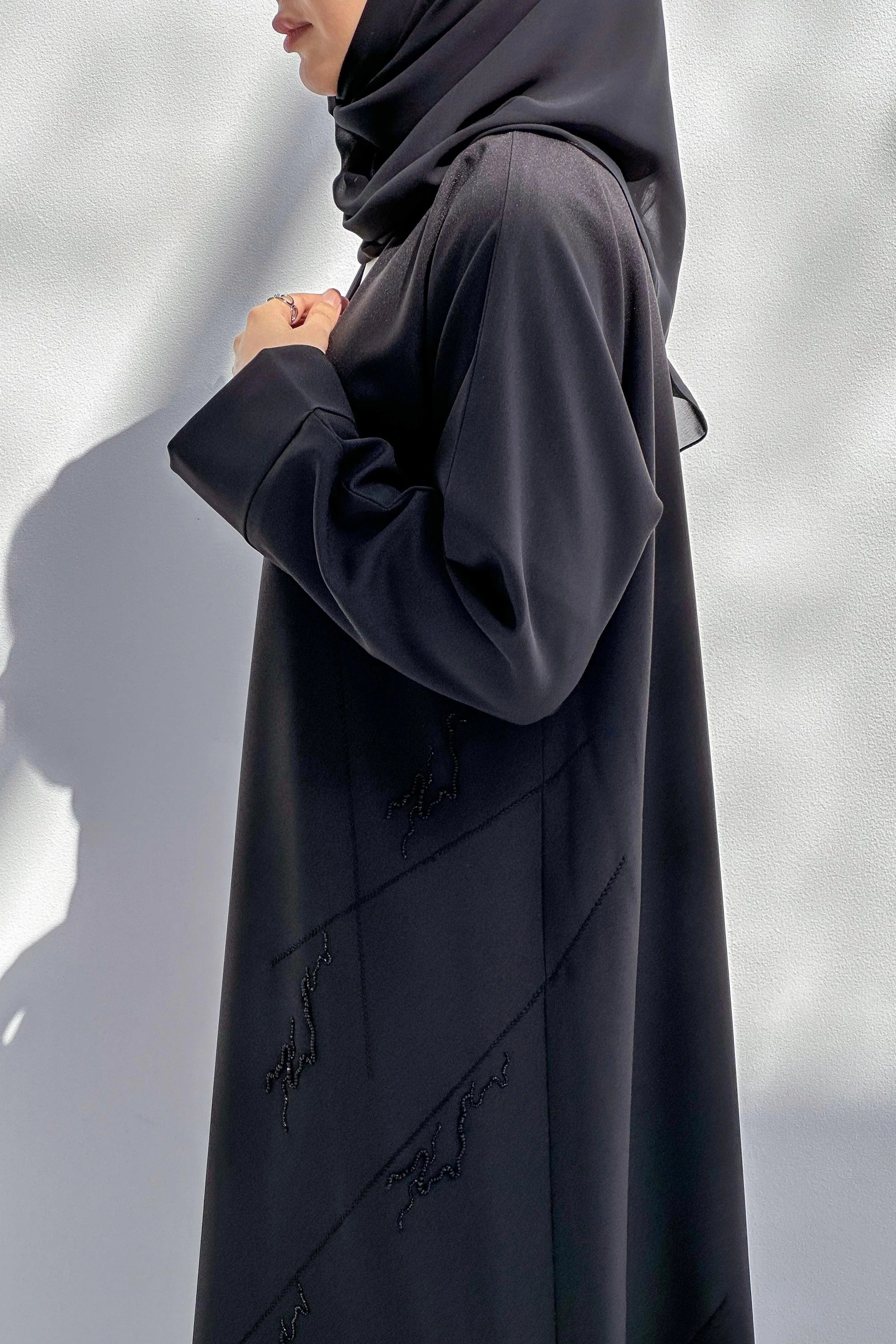 Black Crepe Custom Abaya with Side lines Thread and Beadwork - Posh Abaya