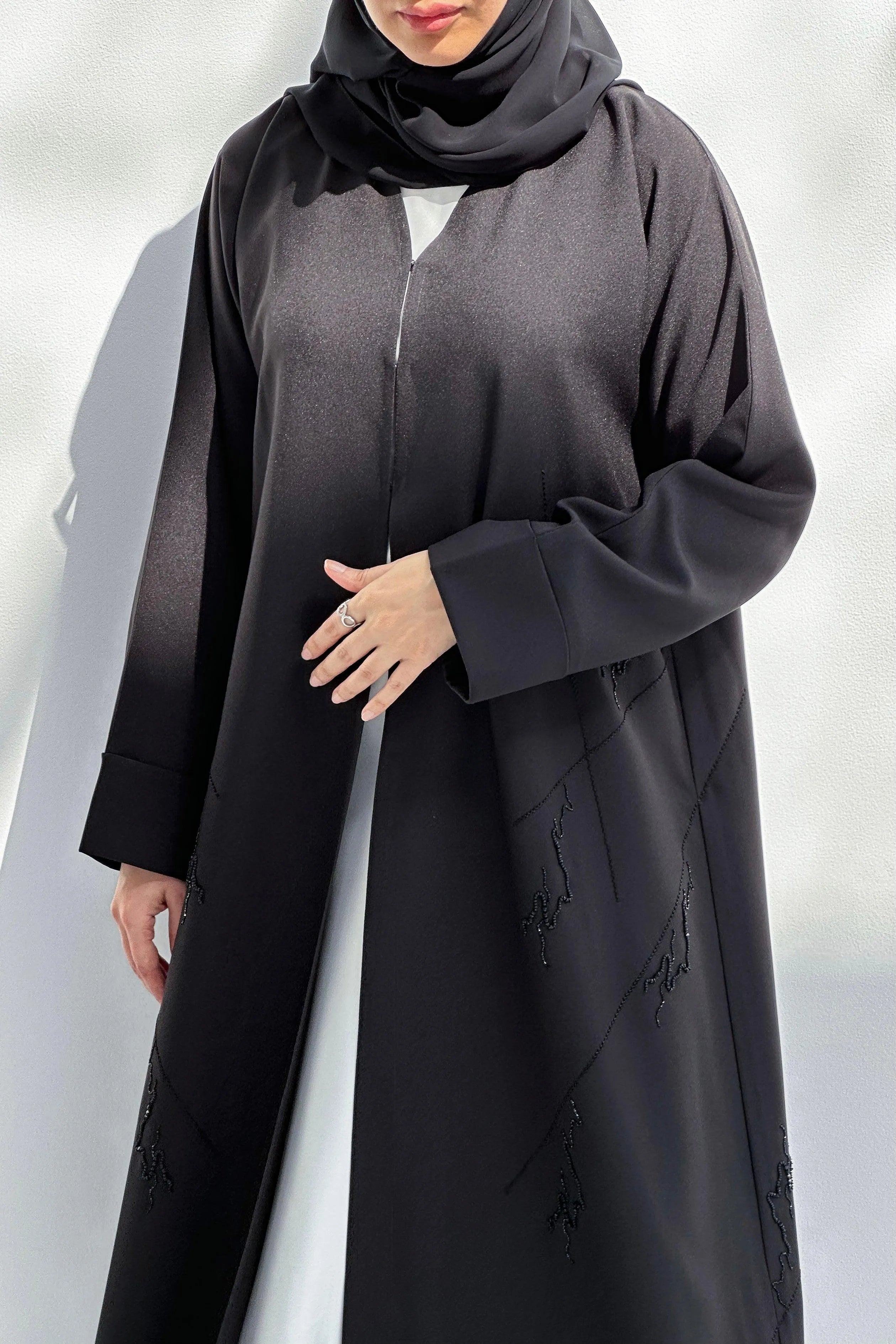 Black Crepe Custom Abaya with Side lines Thread and Beadwork - Posh Abaya