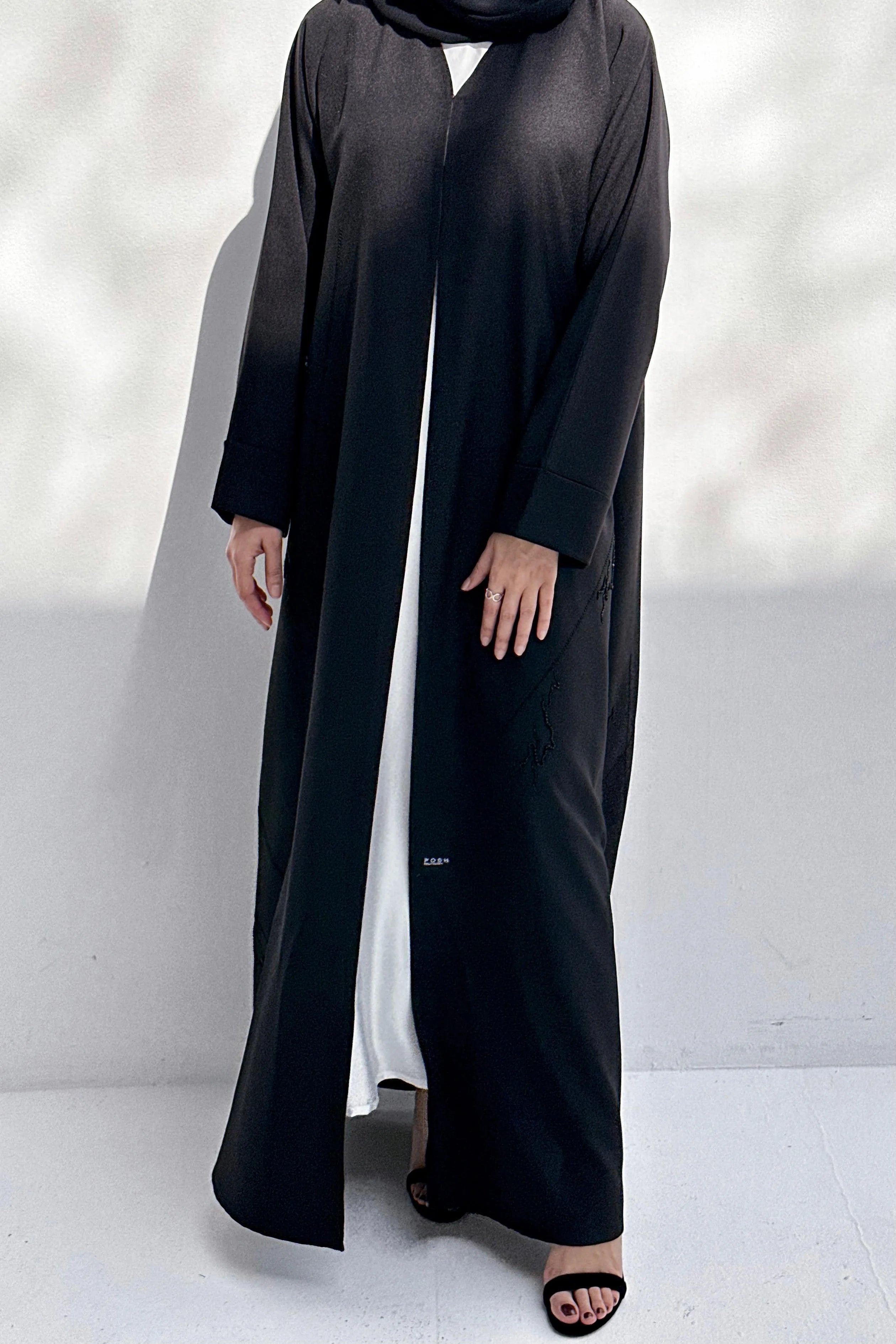 Black Crepe Custom Abaya with Side lines Thread and Beadwork - Posh Abaya