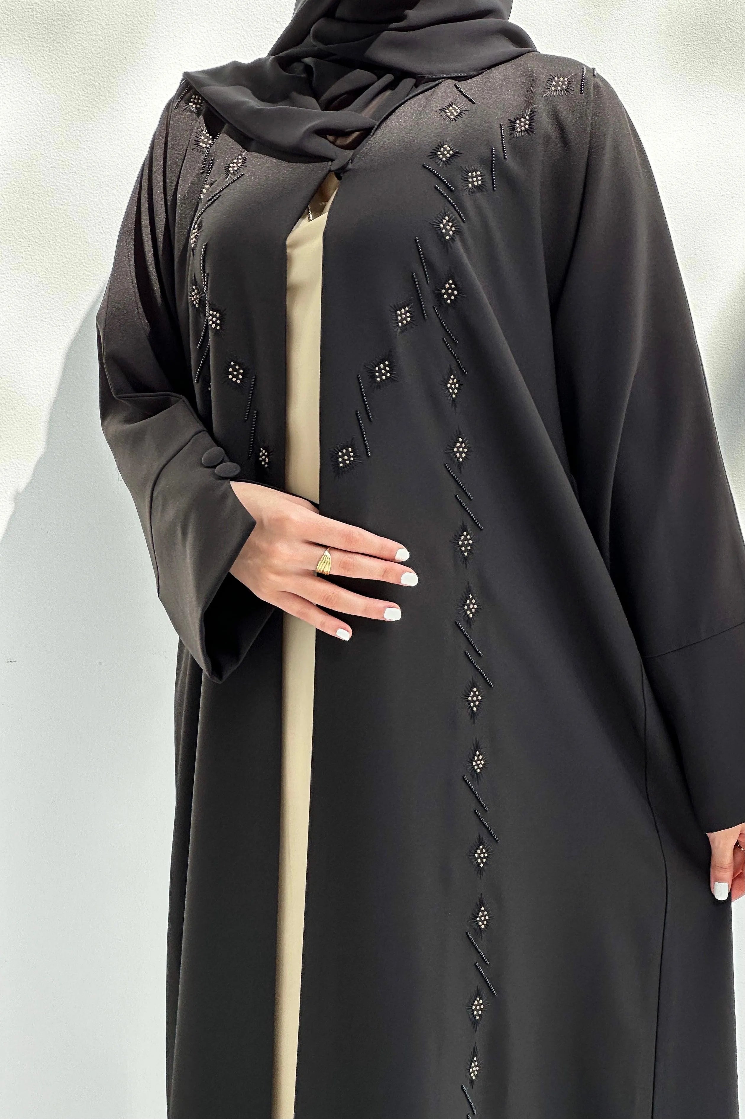 Black Crepe Custom Abaya with Front Black & Silver Beadwork - Posh Abaya