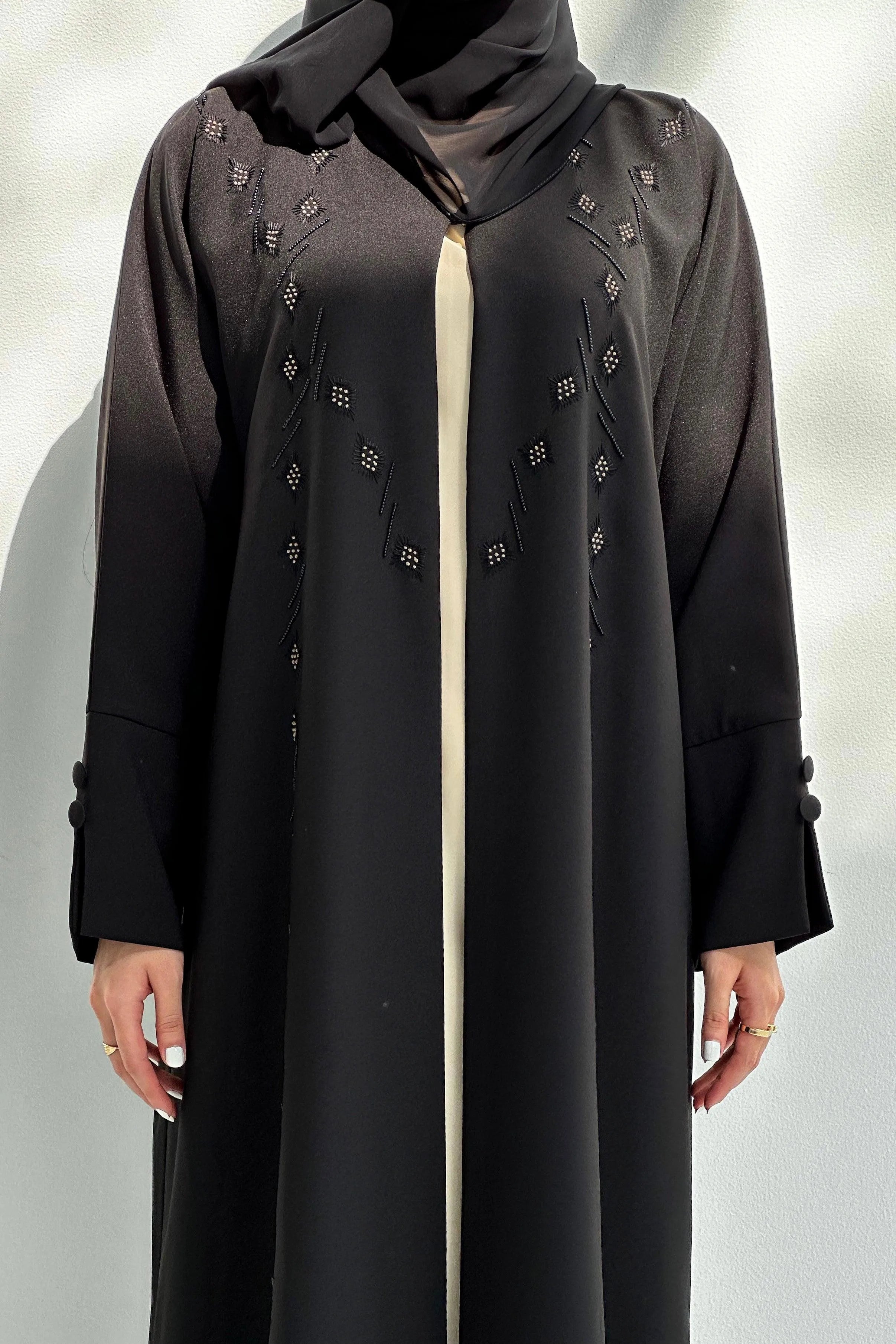 Black Crepe Custom Abaya with Front Black & Silver Beadwork - Posh Abaya
