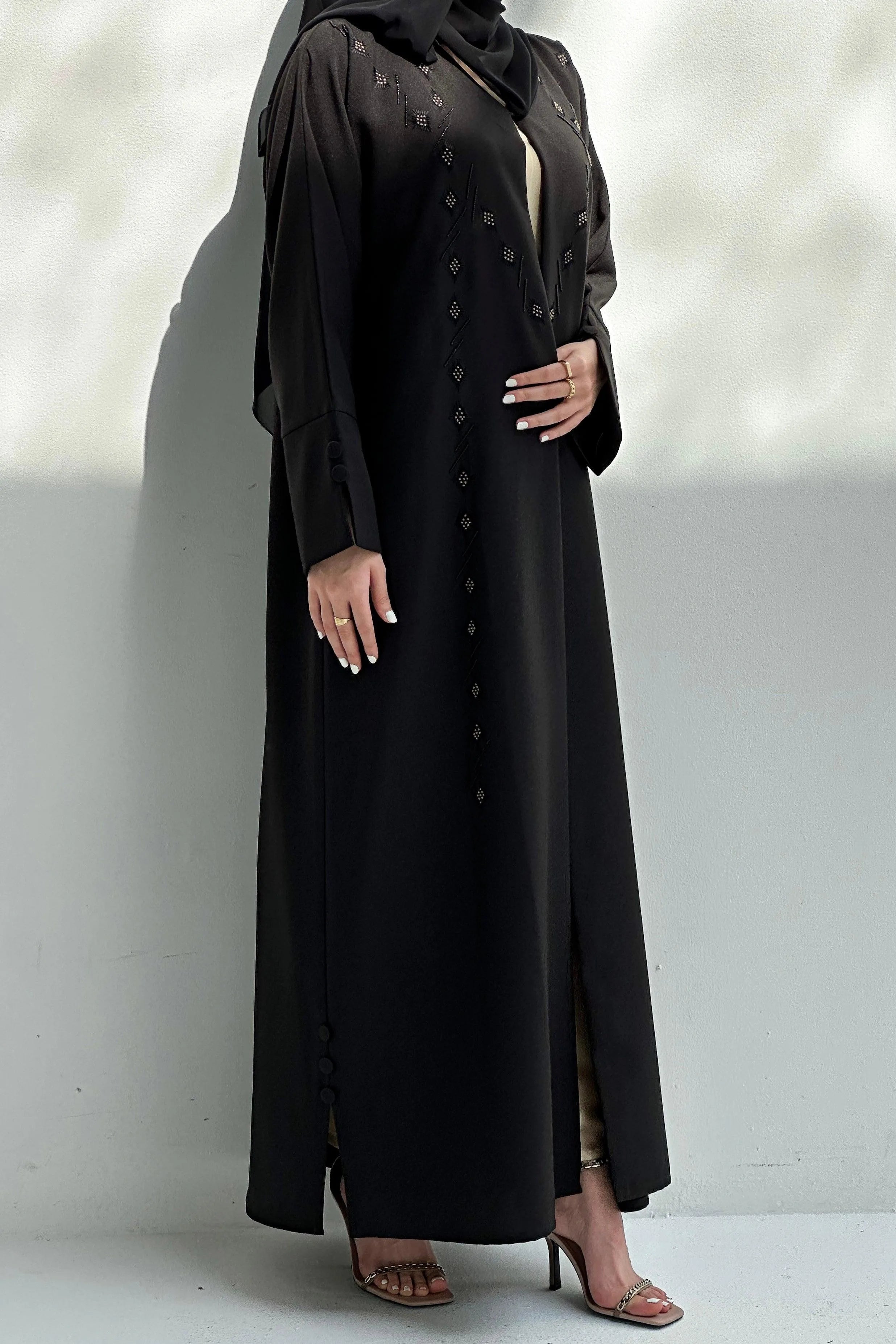 Black Crepe Custom Abaya with Front Black & Silver Beadwork - Posh Abaya