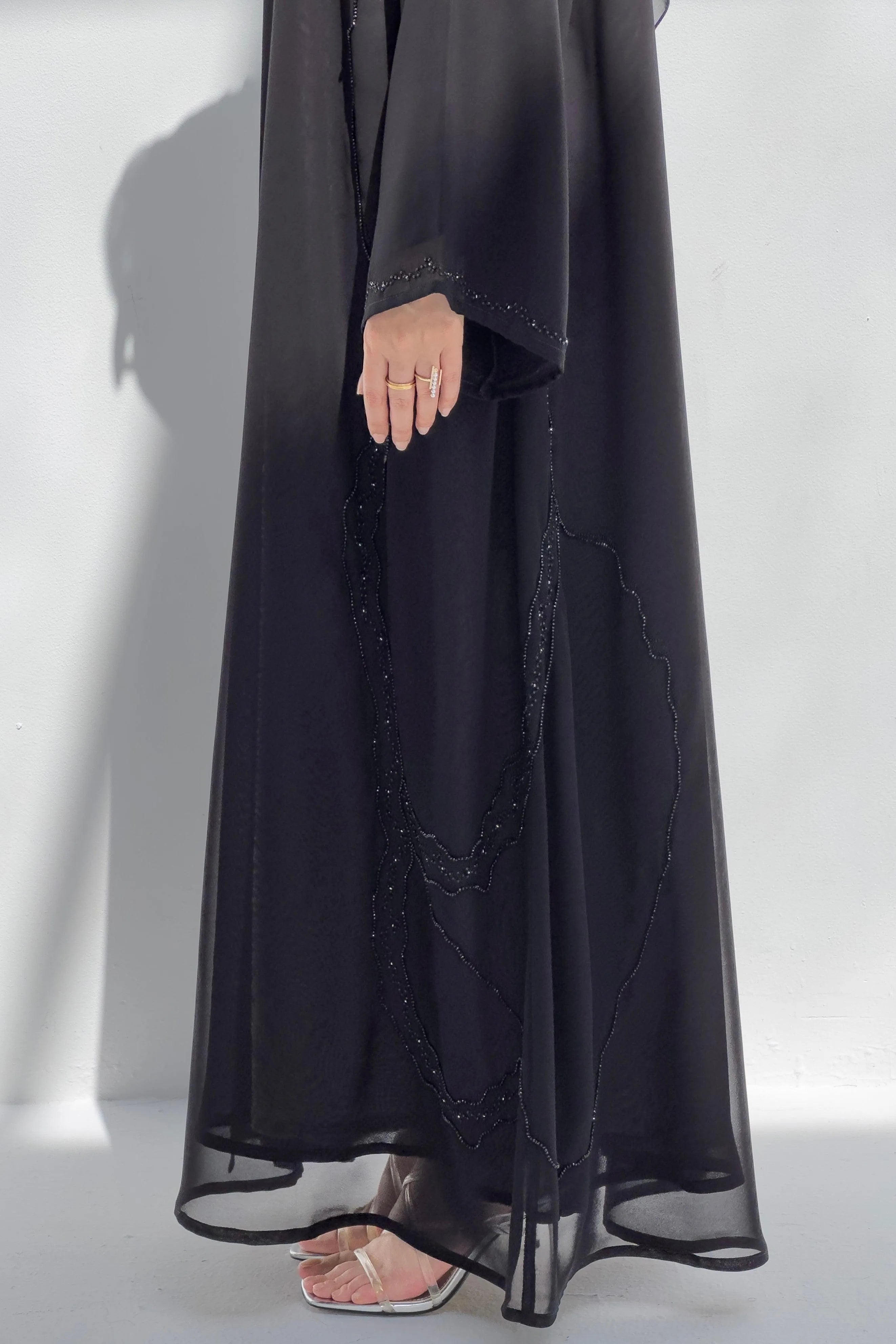 Black Chiffon Custom Abaya with Side Modest Closed Lines Beadwork - Posh Abaya