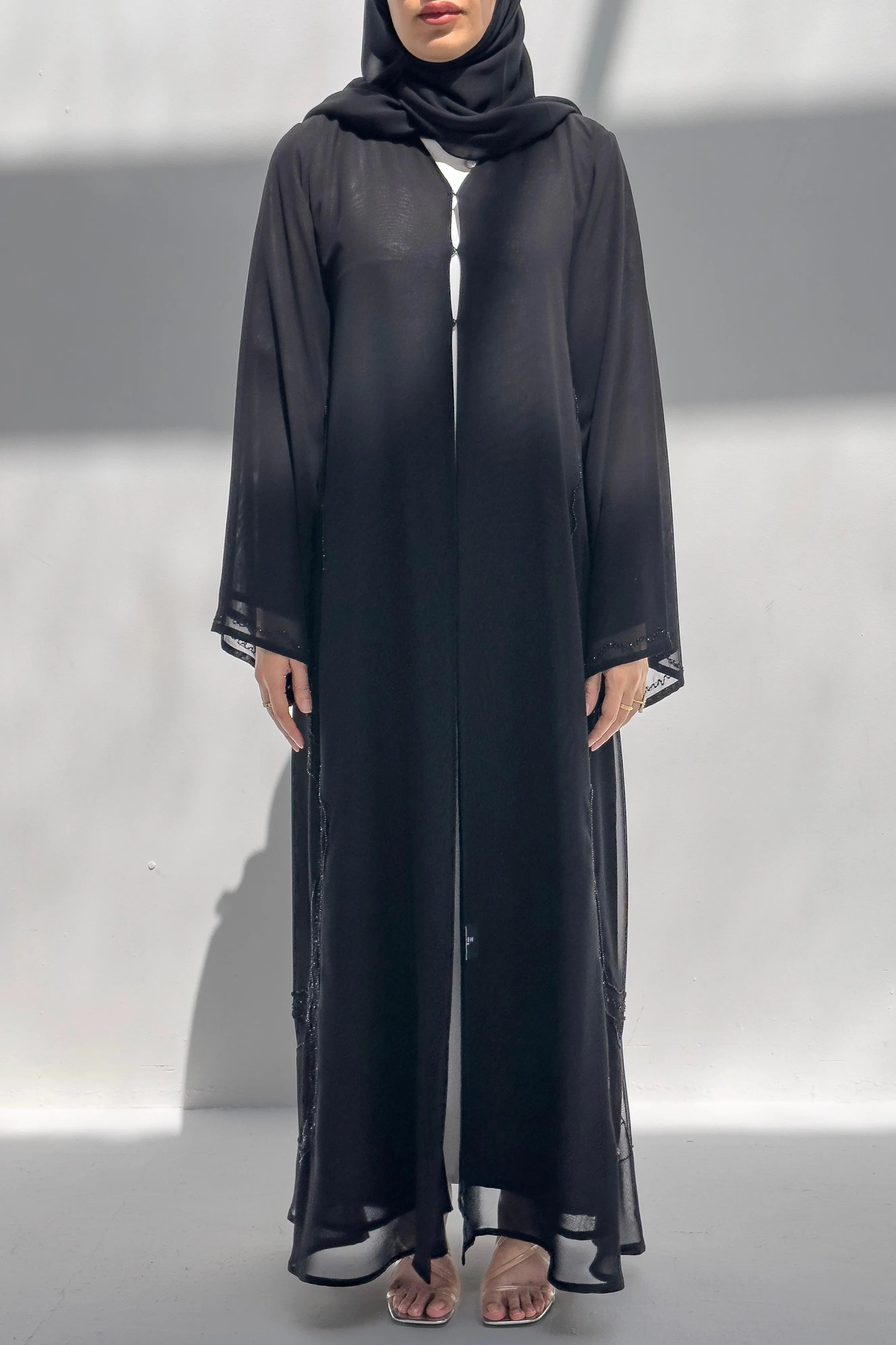 Black Chiffon Custom Abaya with Side Modest Closed Lines Beadwork - Posh Abaya