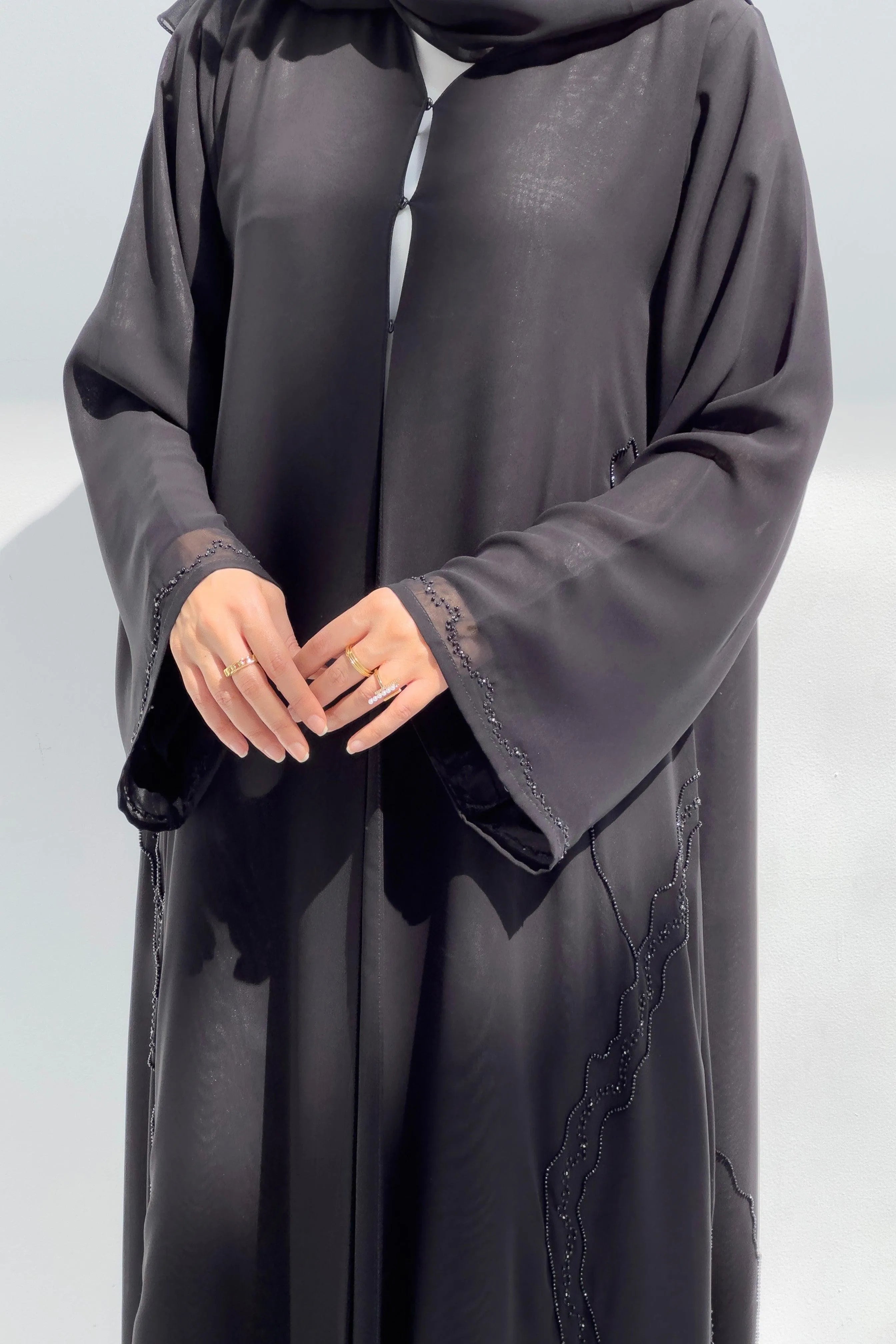 Black Chiffon Custom Abaya with Side Modest Closed Lines Beadwork - Posh Abaya