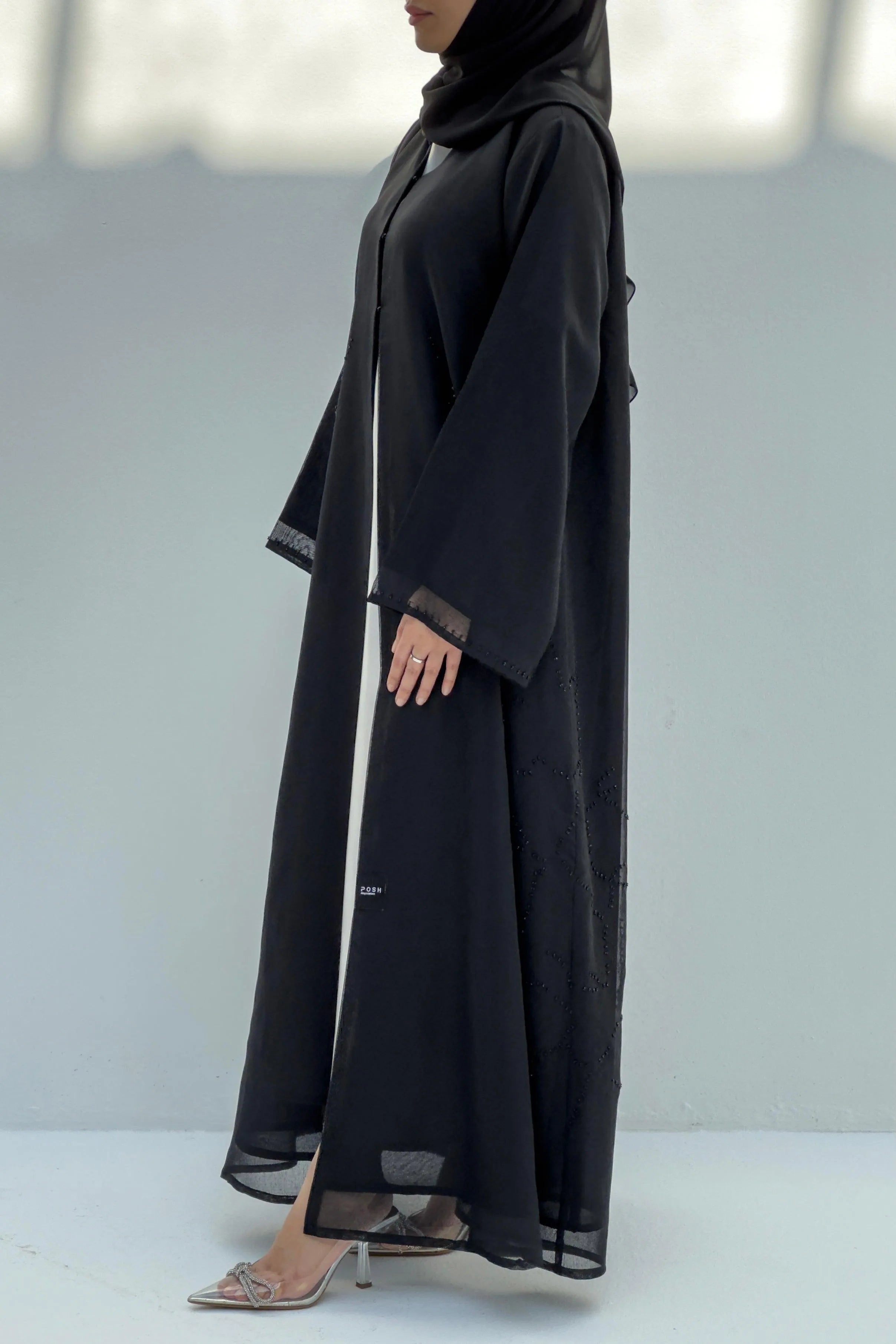 Custom Organza scatter beaded side placement black abaya - Posh Abaya