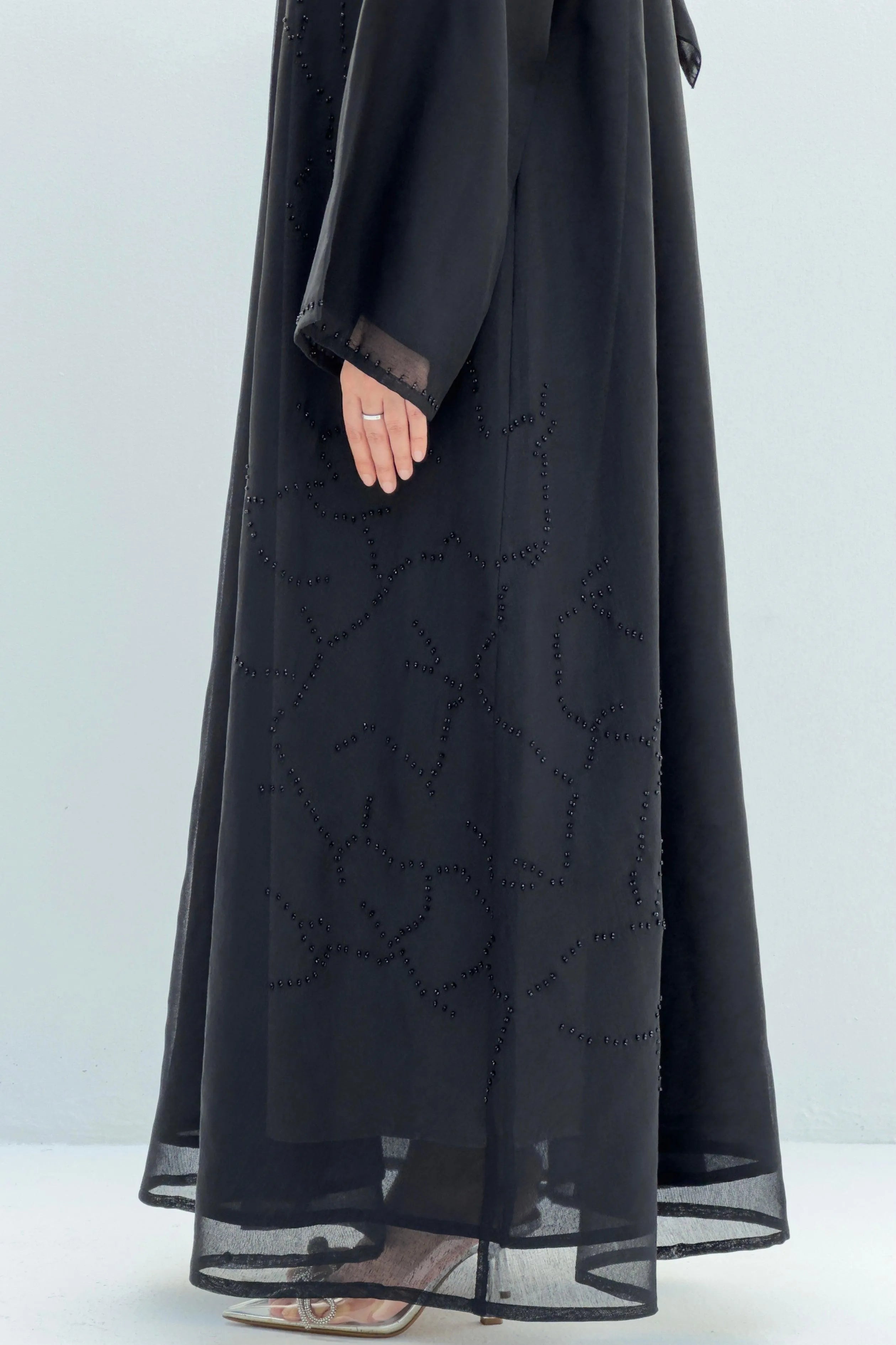 Custom Organza scatter beaded side placement black abaya - Posh Abaya