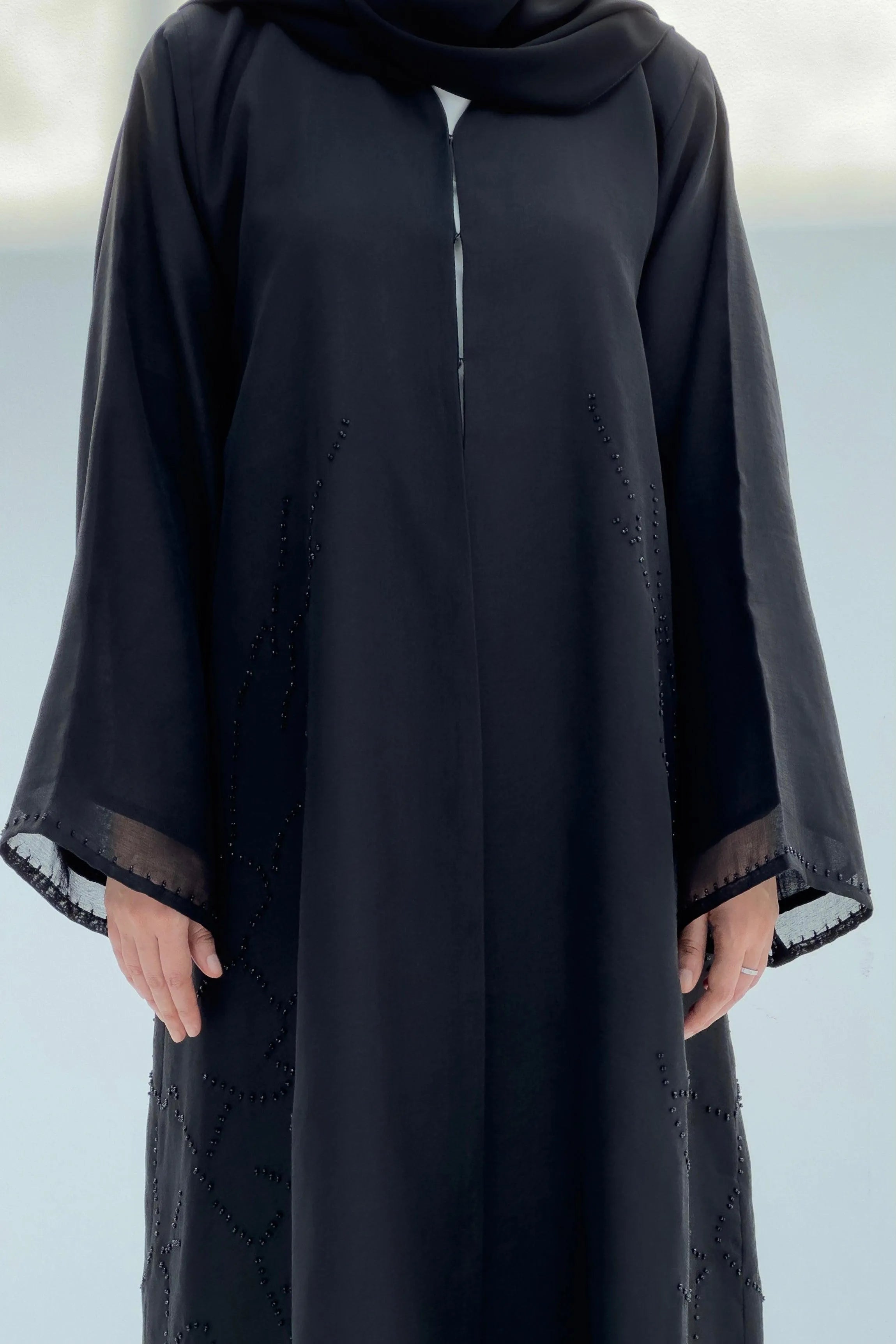 Custom Organza scatter beaded side placement black abaya - Posh Abaya