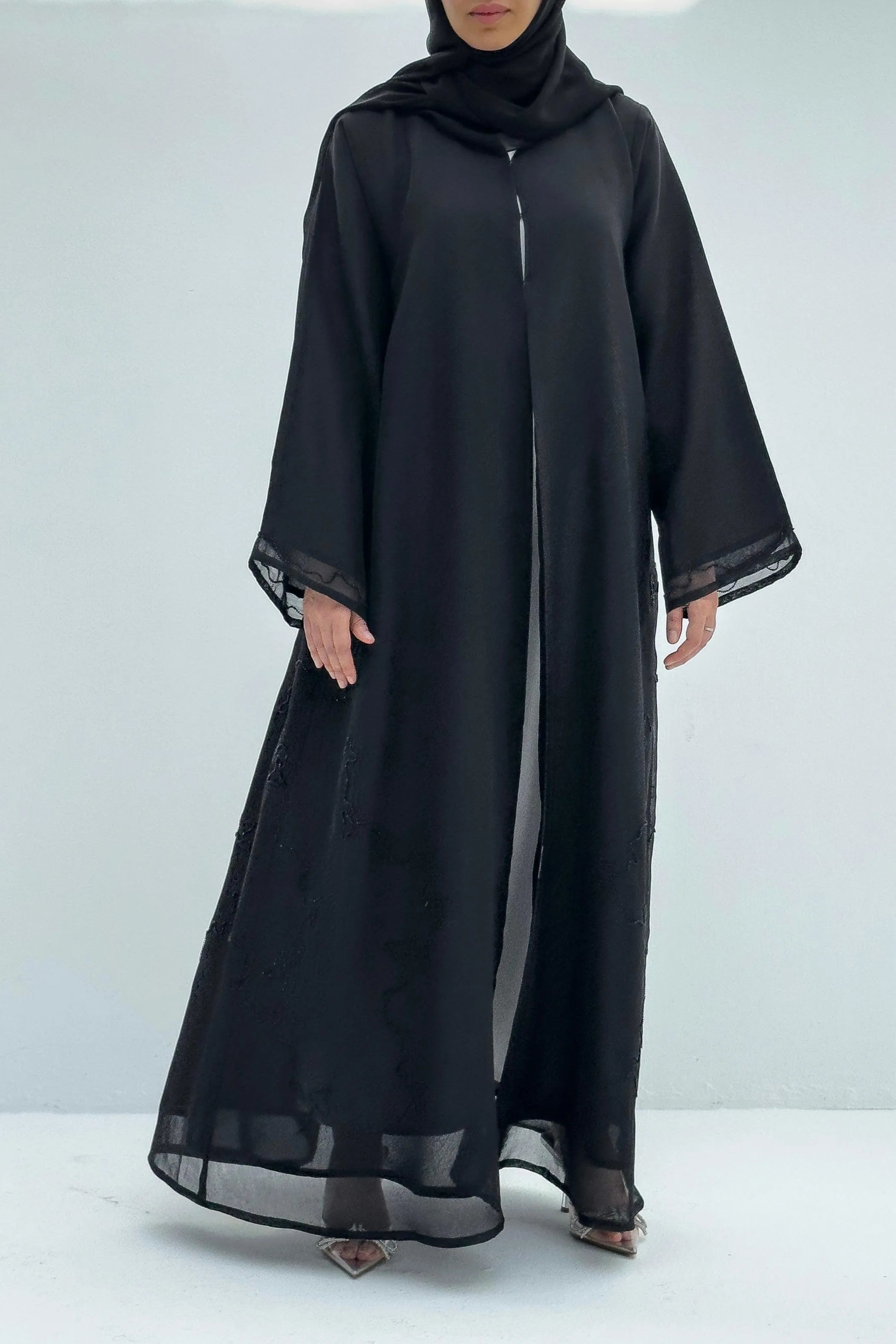 Black Organza Custom Abaya with Abstract Beadwork - Posh Abaya