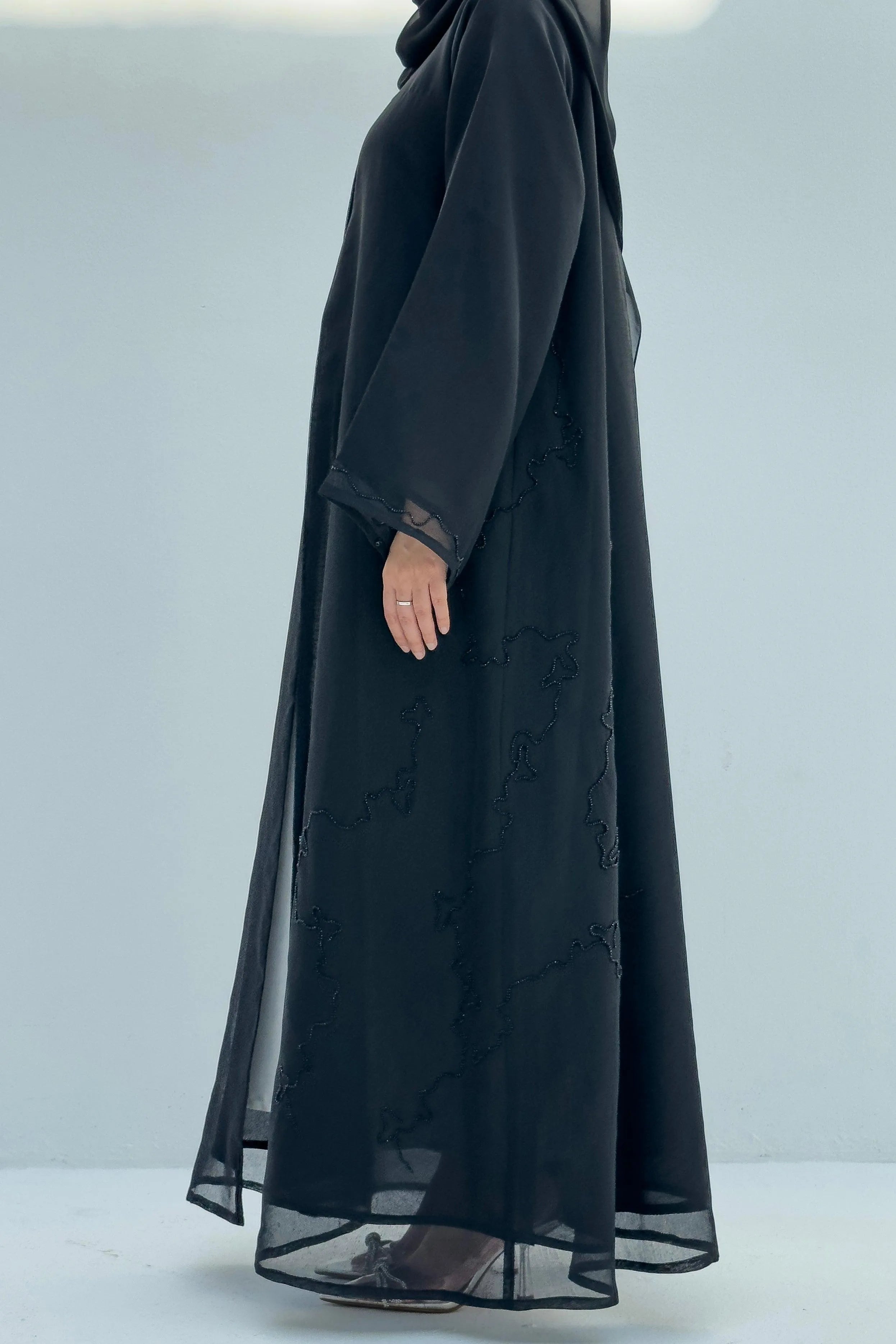 Black Organza Custom Abaya with Abstract Beadwork - Posh Abaya
