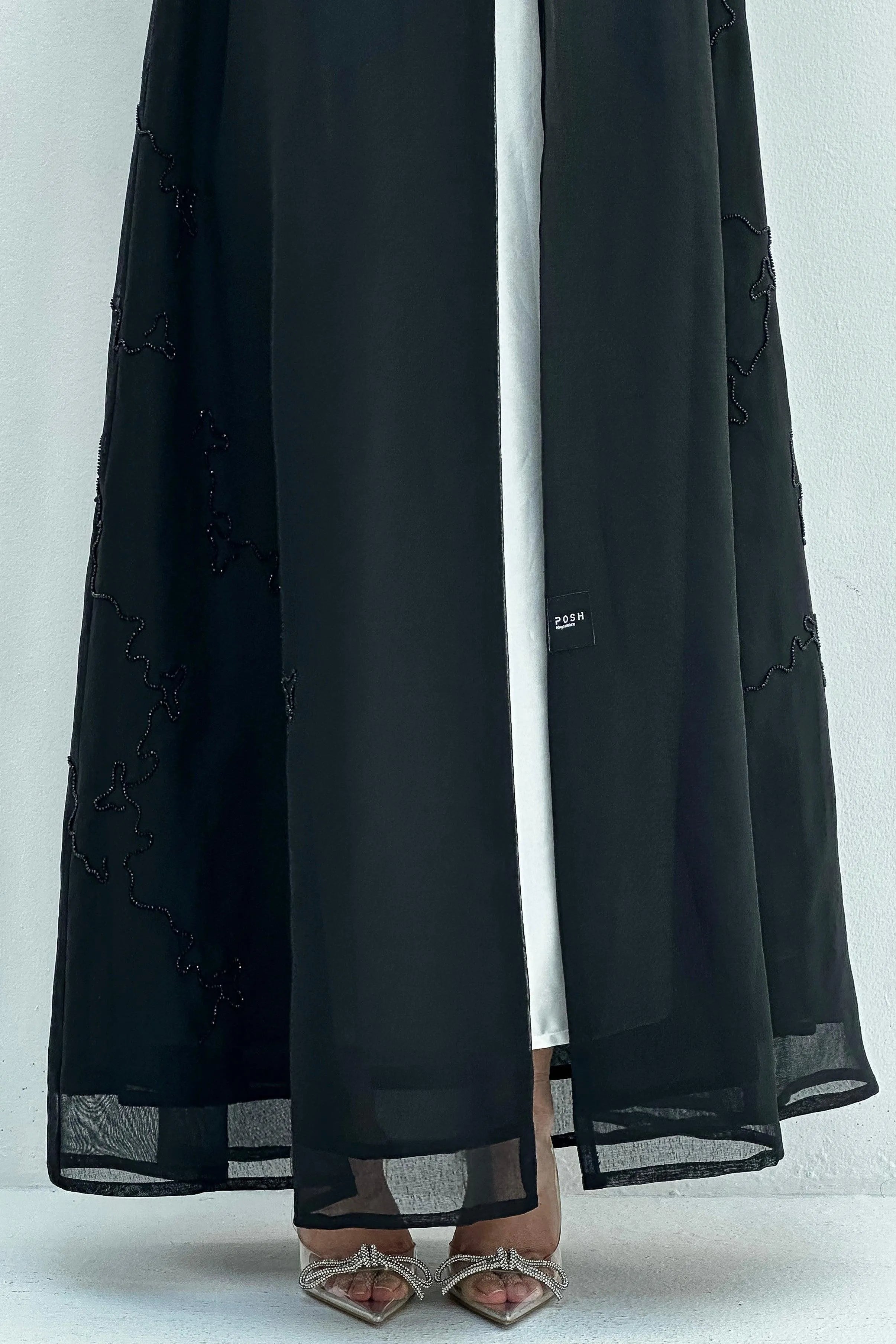 Black Organza Custom Abaya with Abstract Beadwork - Posh Abaya