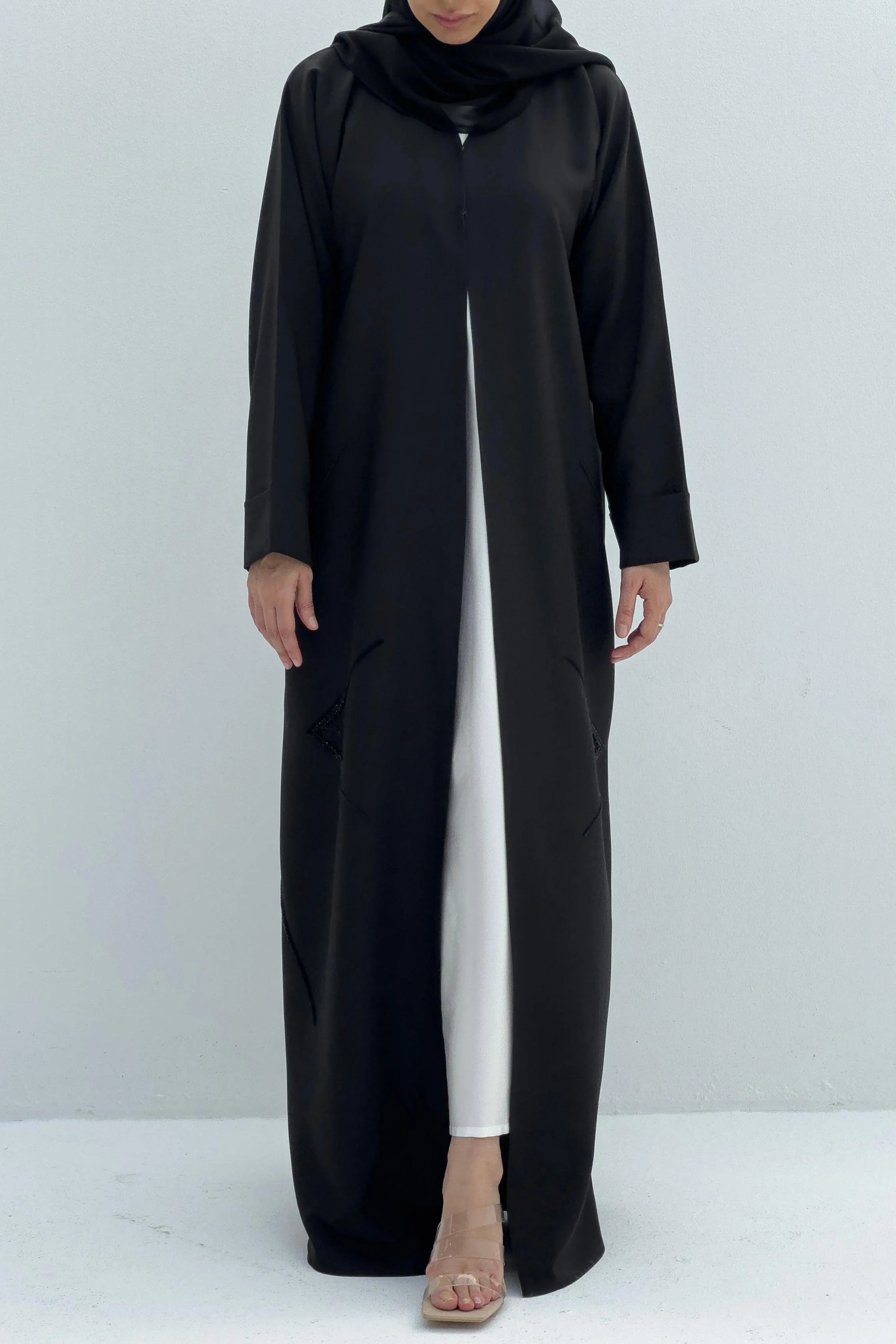 Black Kadi Crepe Flared Custom Abaya with Geometric Beadwork - Posh Abaya