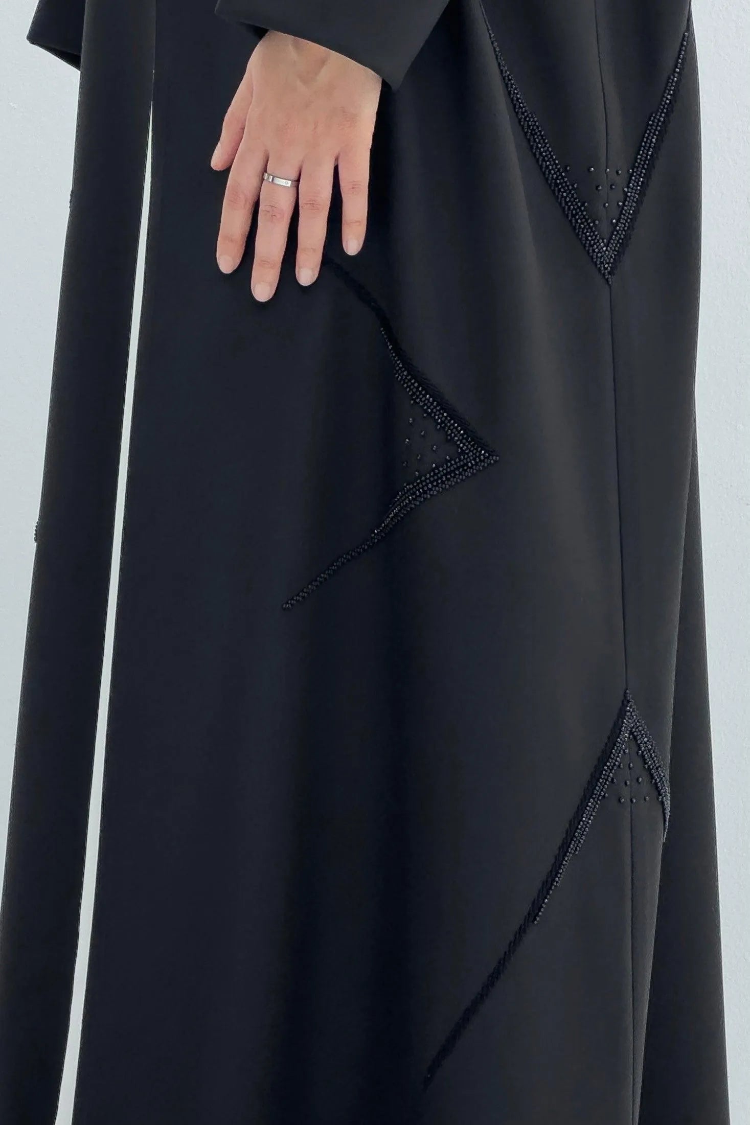 Black Kadi Crepe Flared Custom Abaya with Geometric Beadwork - Posh Abaya