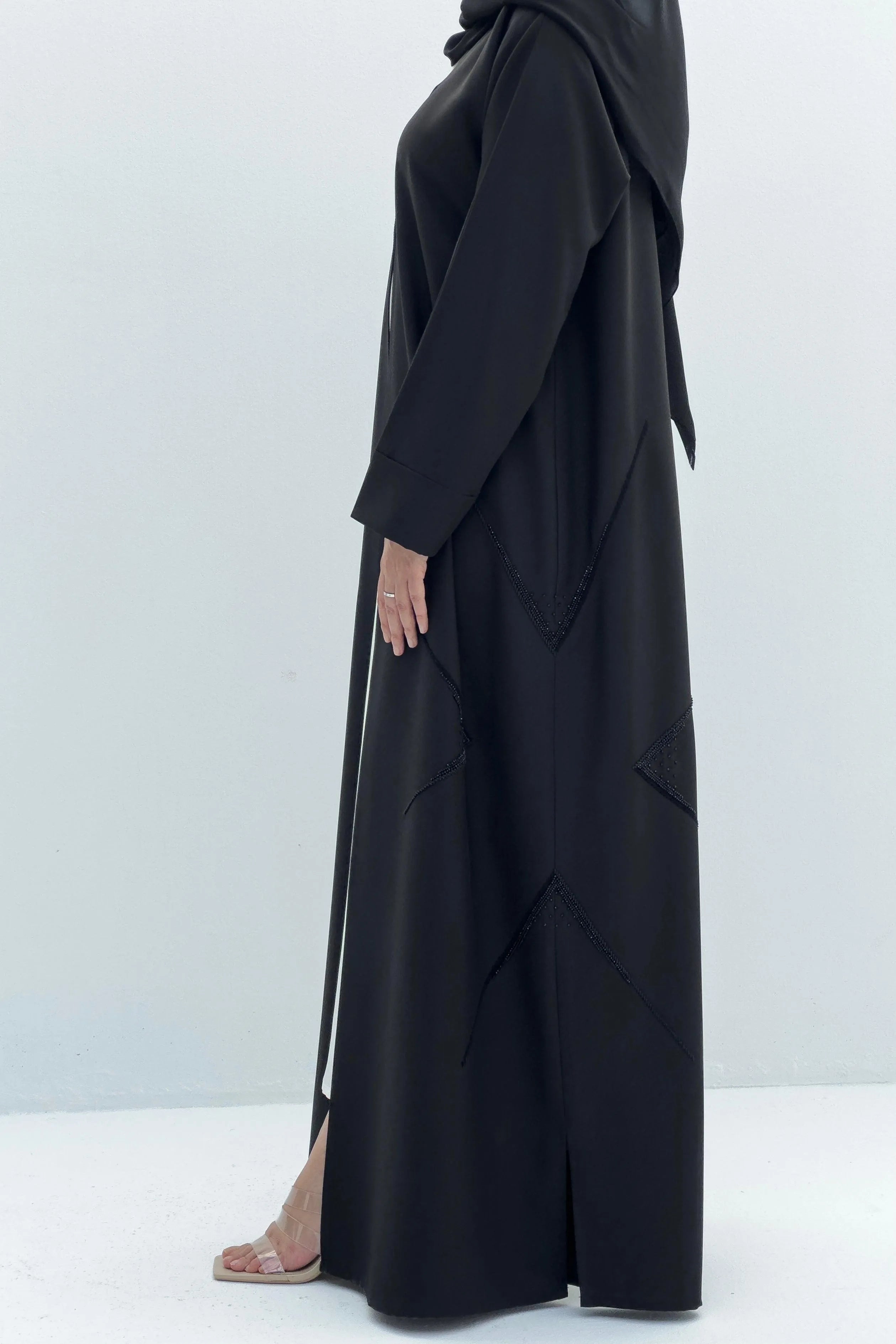 Black Kadi Crepe Flared Custom Abaya with Geometric Beadwork - Posh Abaya