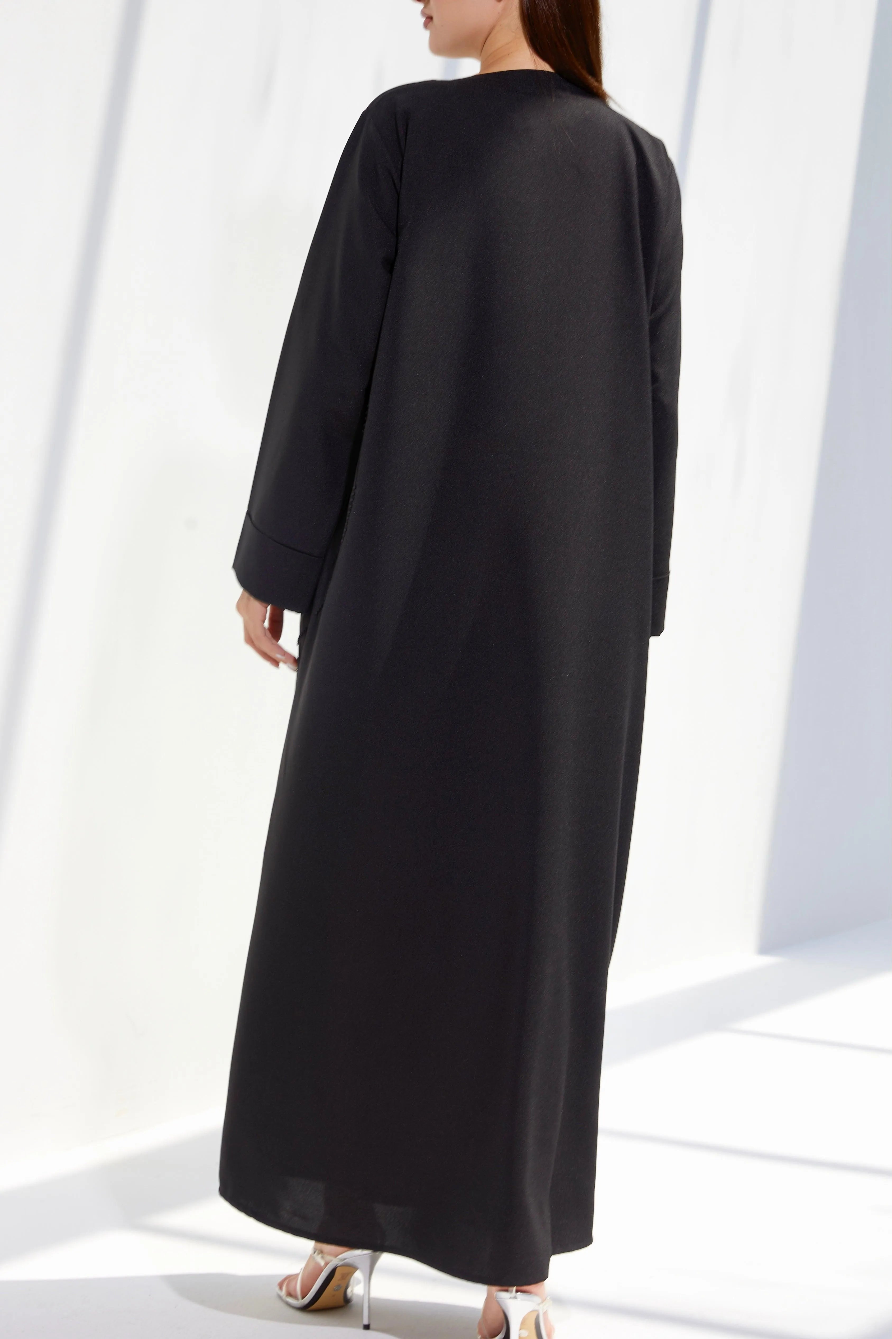 Black Crepe Custom Abaya with Front Modest Lines Beadwork - Posh Abaya