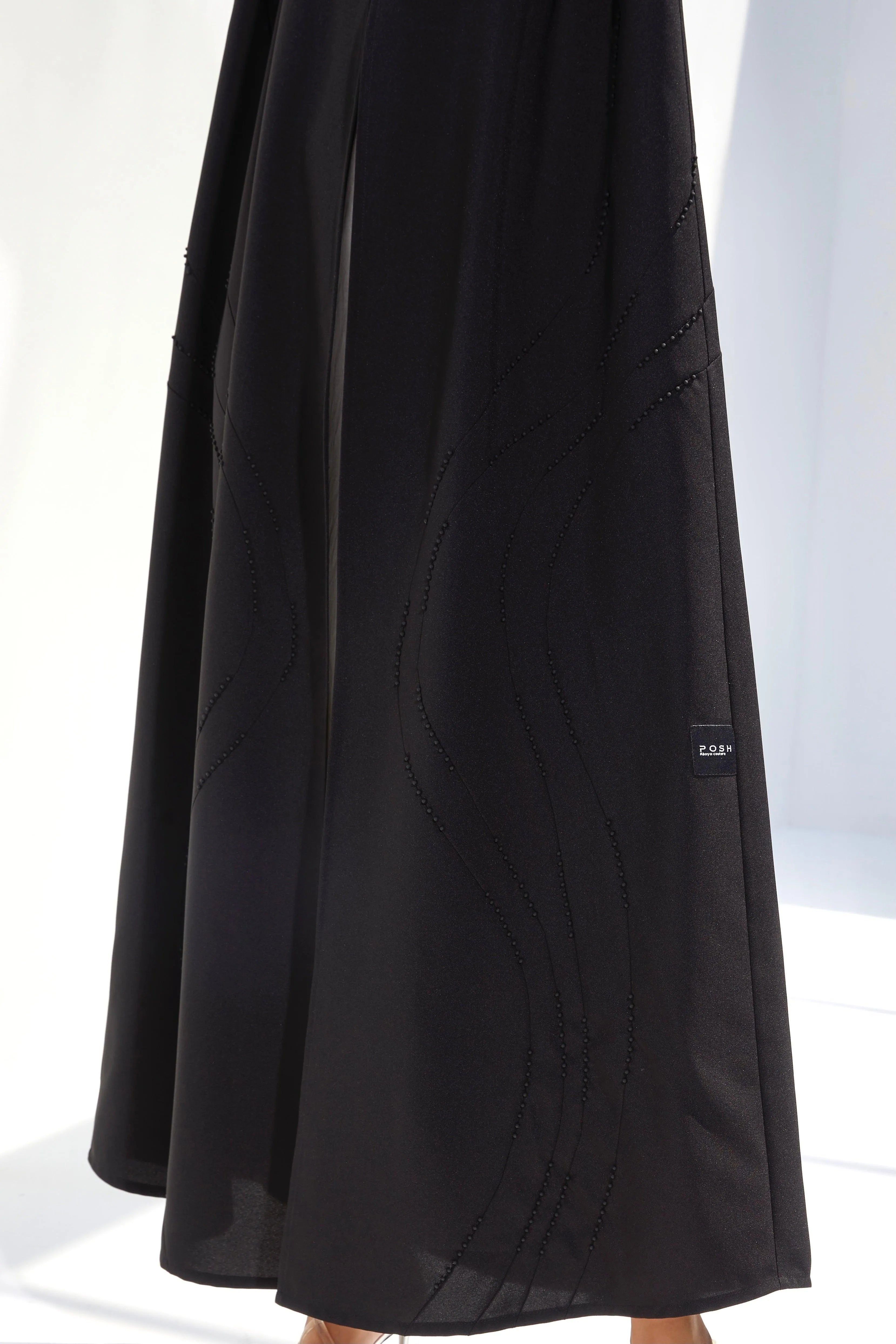 Black Crepe Custom Abaya with Front Modest Lines Beadwork - Posh Abaya