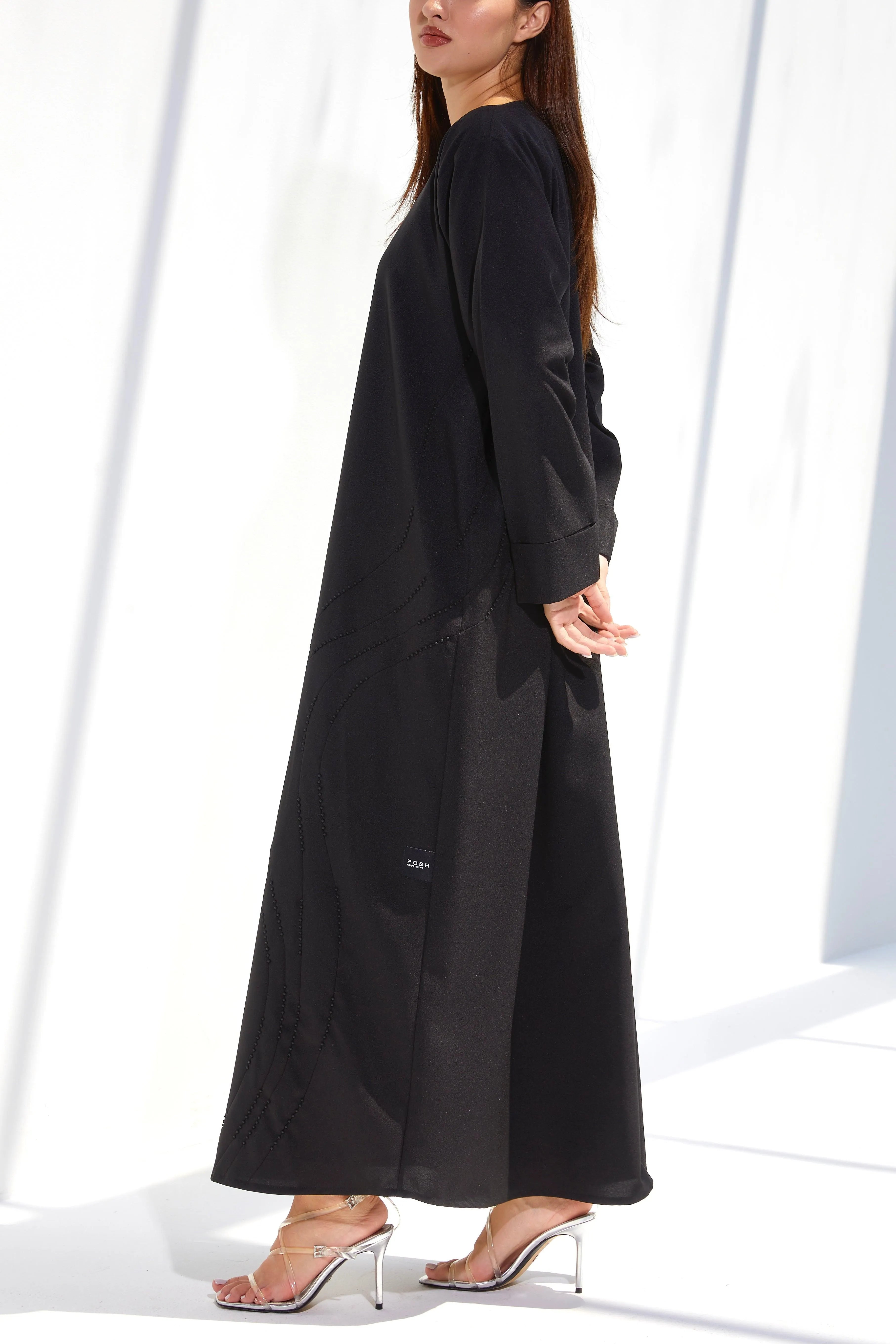Black Crepe Custom Abaya with Front Modest Lines Beadwork - Posh Abaya