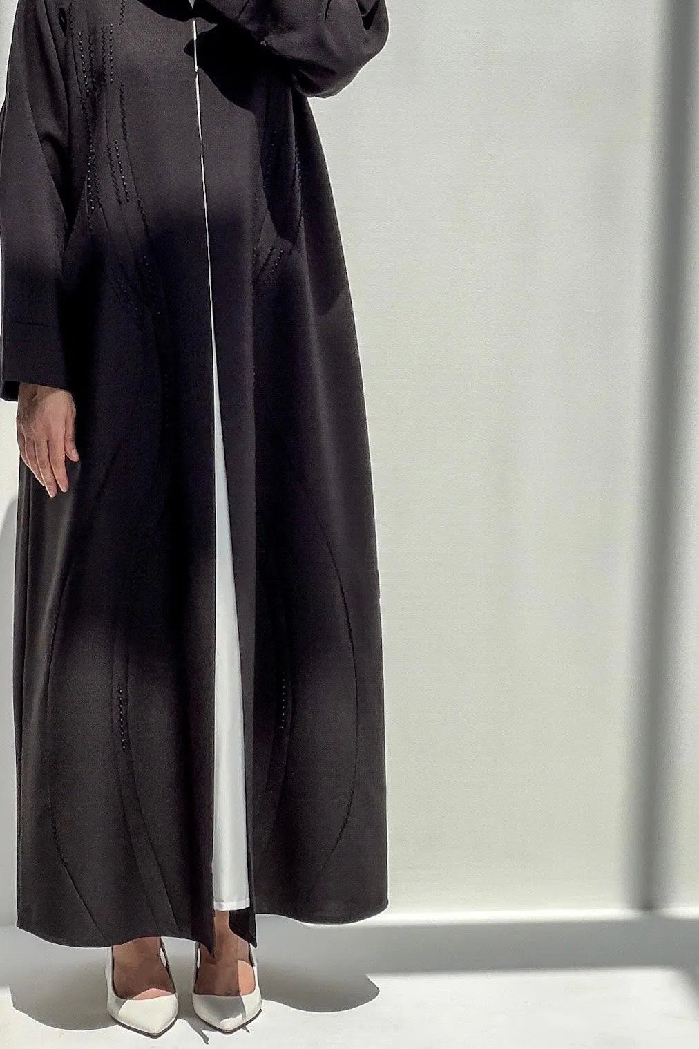 Black Classic Crepe Custom Abaya with Front Pintux and Beadwork - Posh Abaya