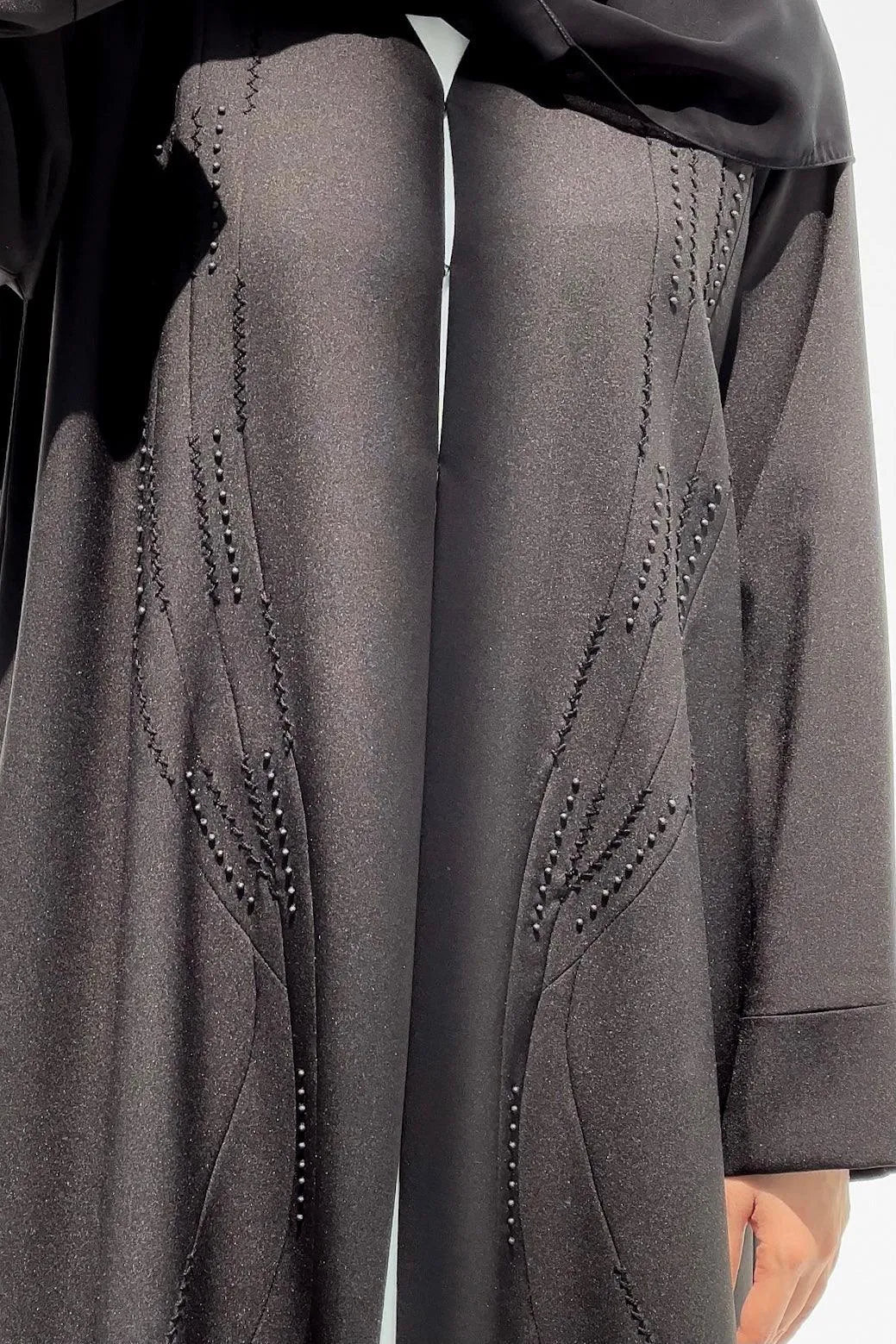 Black Classic Crepe Custom Abaya with Front Pintux and Beadwork - Posh Abaya