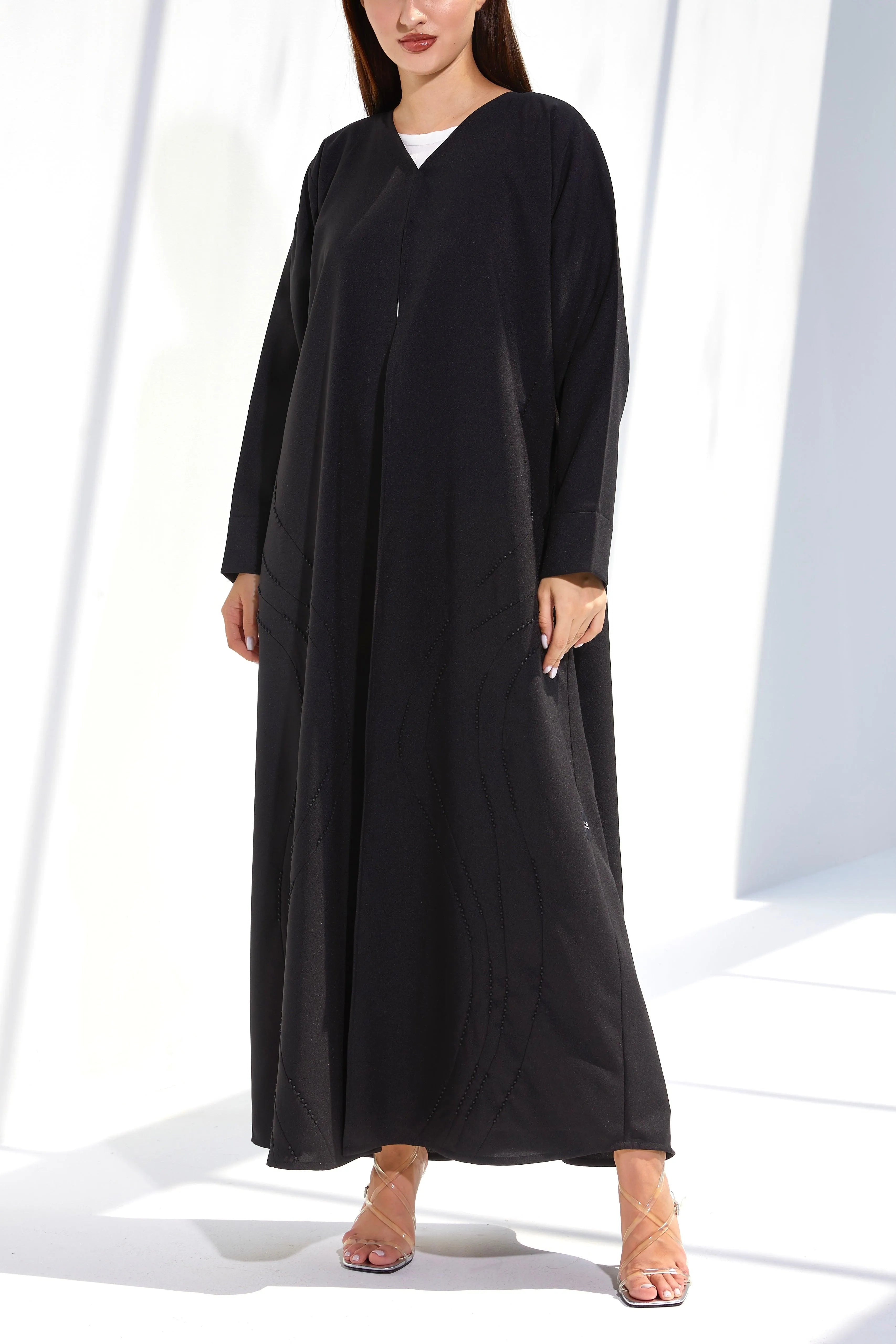 Black Crepe Custom Abaya with Front Modest Lines Beadwork - Posh Abaya