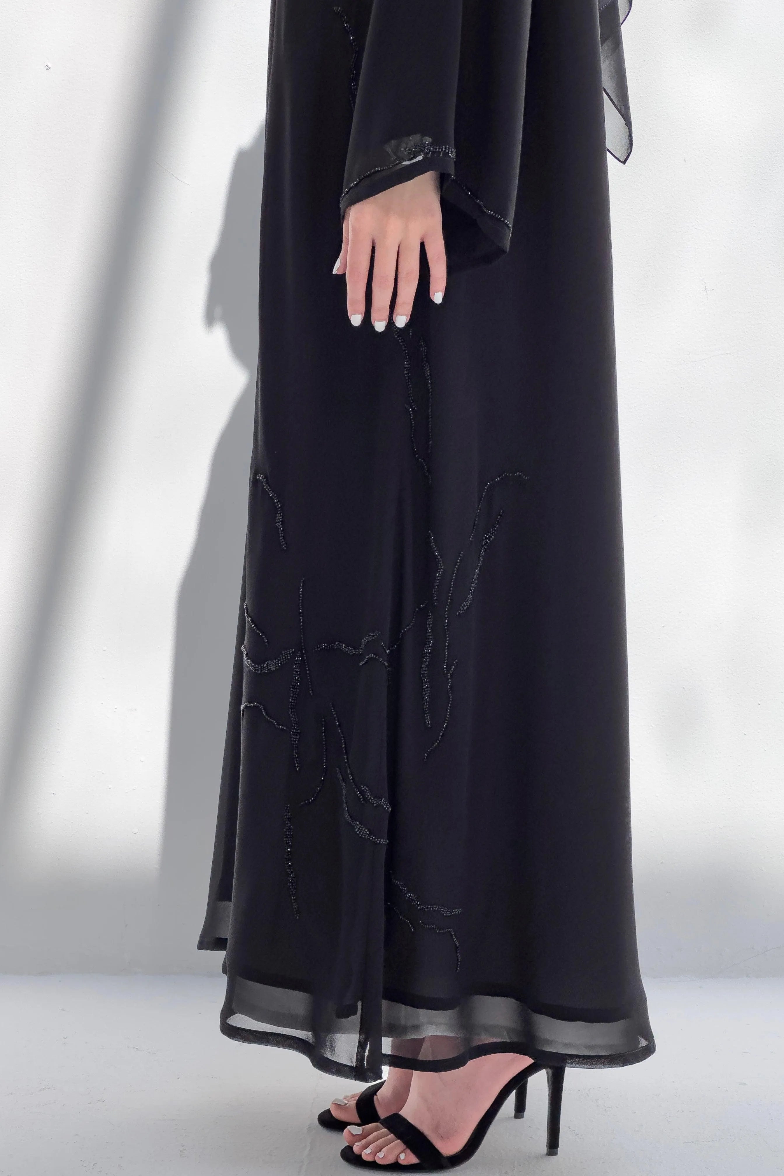 Black Chiffon Custom Abaya with Side Modest Lines Beadwork - Posh Abaya