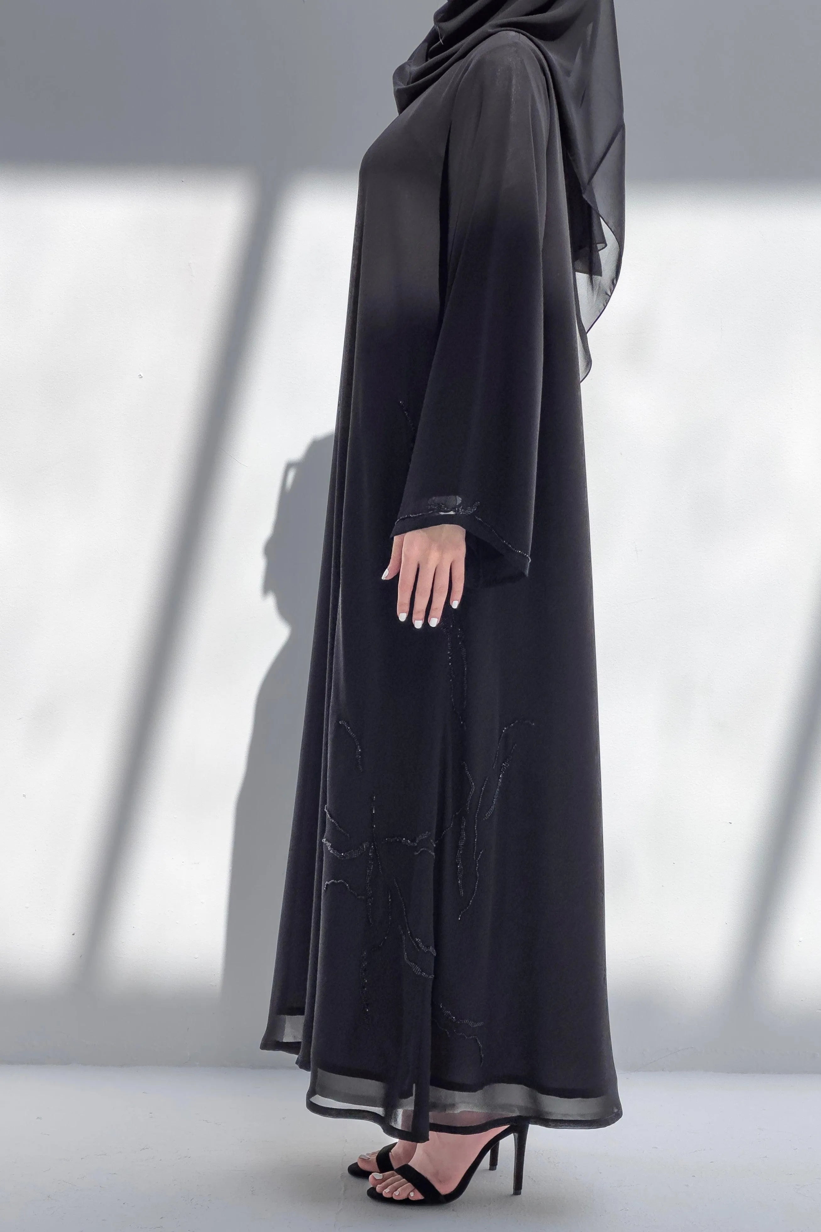 Black Chiffon Custom Abaya with Side Modest Lines Beadwork - Posh Abaya